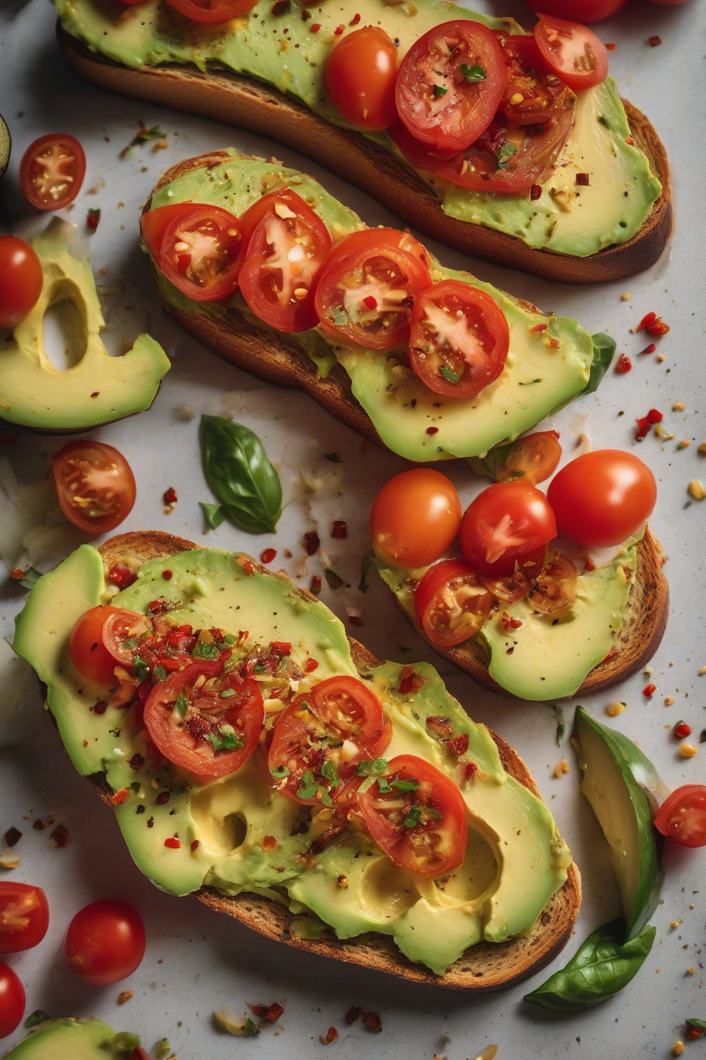 A high-resolution photo of golden avocado toast topped with sliced tomatoes and chili flakes under soft lighting.