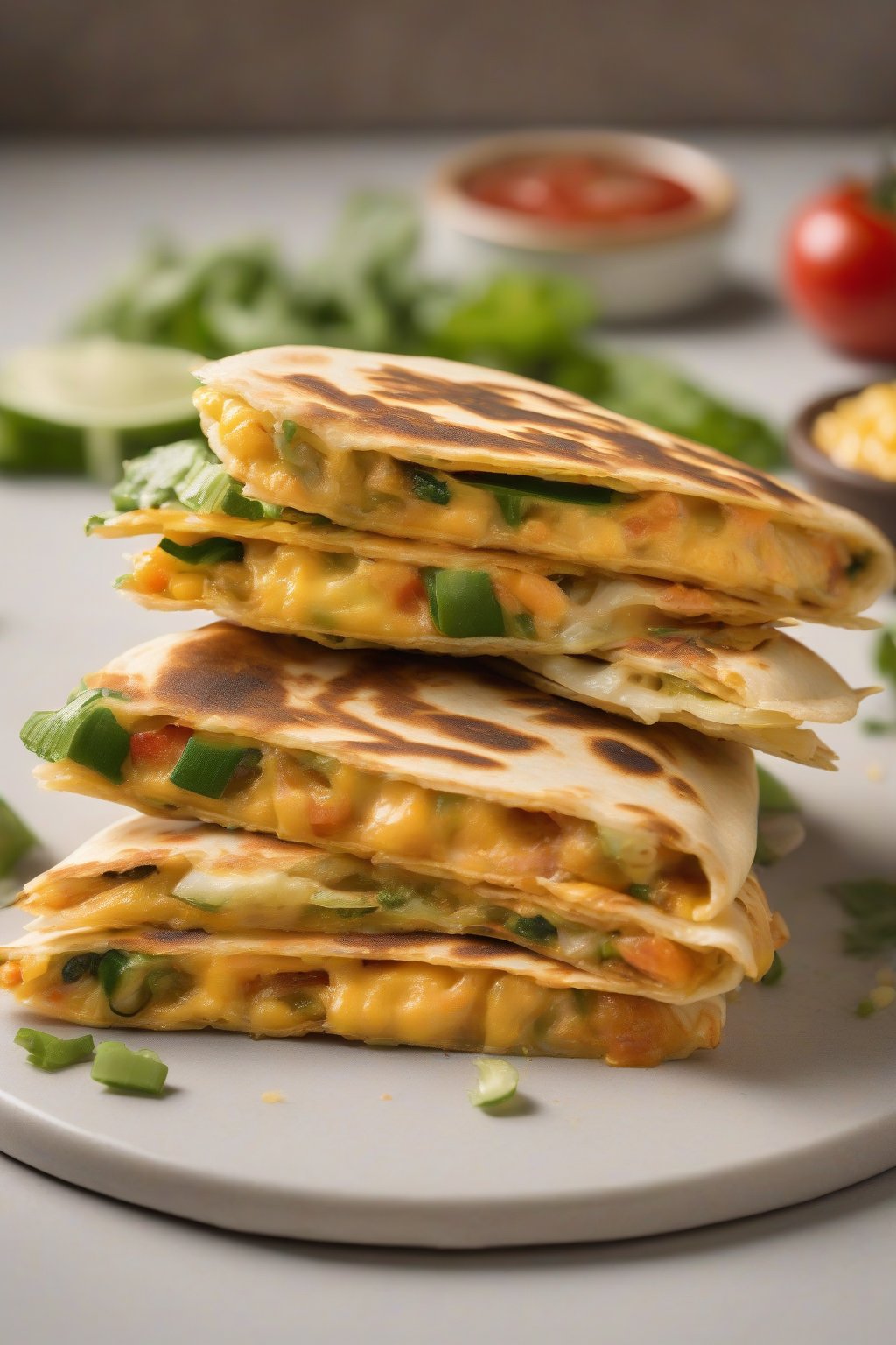 A high-resolution photo of a golden cheesy veggie quesadilla cut in half under soft lighting.