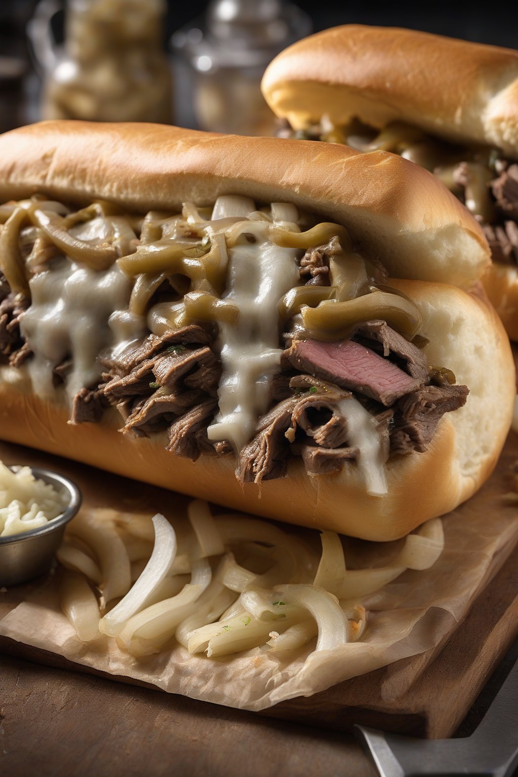 A high-resolution photo of a massive double meat Philly cheesesteak overflowing with steak, Whiz, and onions between two rolls, under soft lighting.