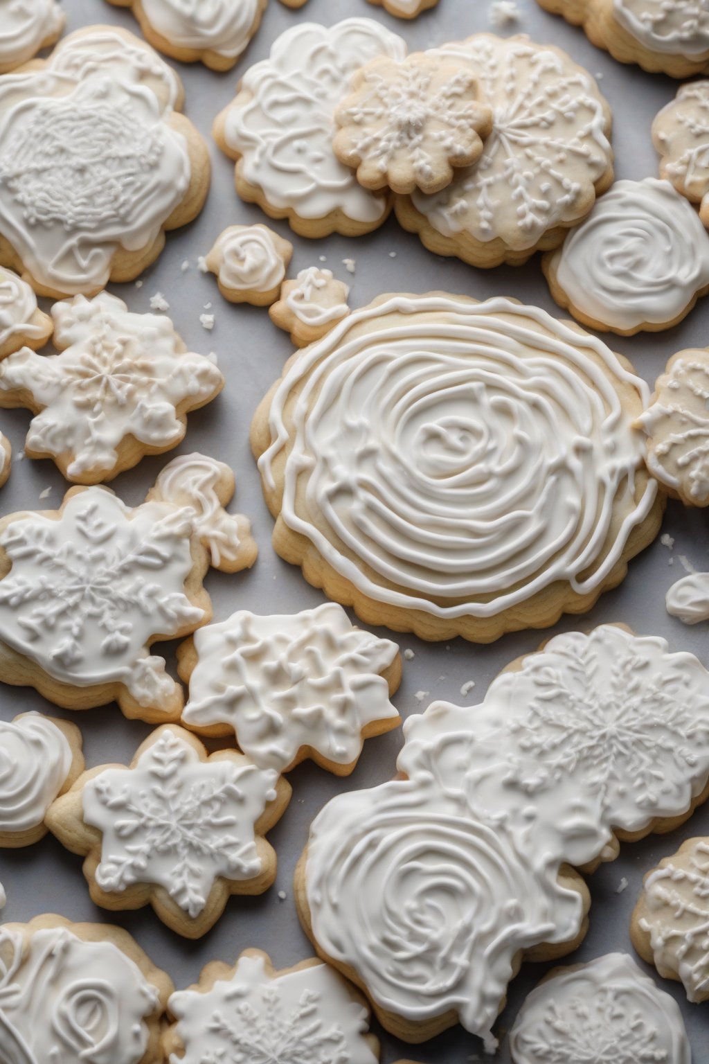 A high-resolution close-up photo of perfectly piped meringue powder royal icing on assorted cookies under soft lighting.