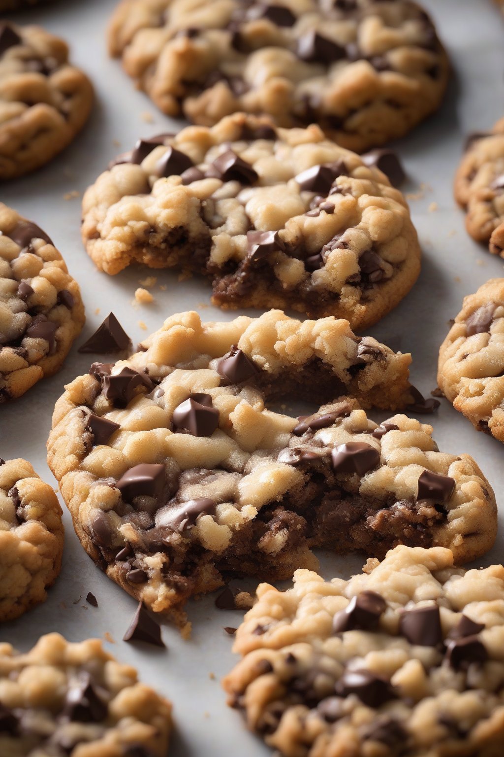 A high-resolution photo of a freshly baked oversized chocolate chip sea salt crumble cookie, cracked edges with gooey chocolate oozing, flaky crumble top glistening under soft lighting.