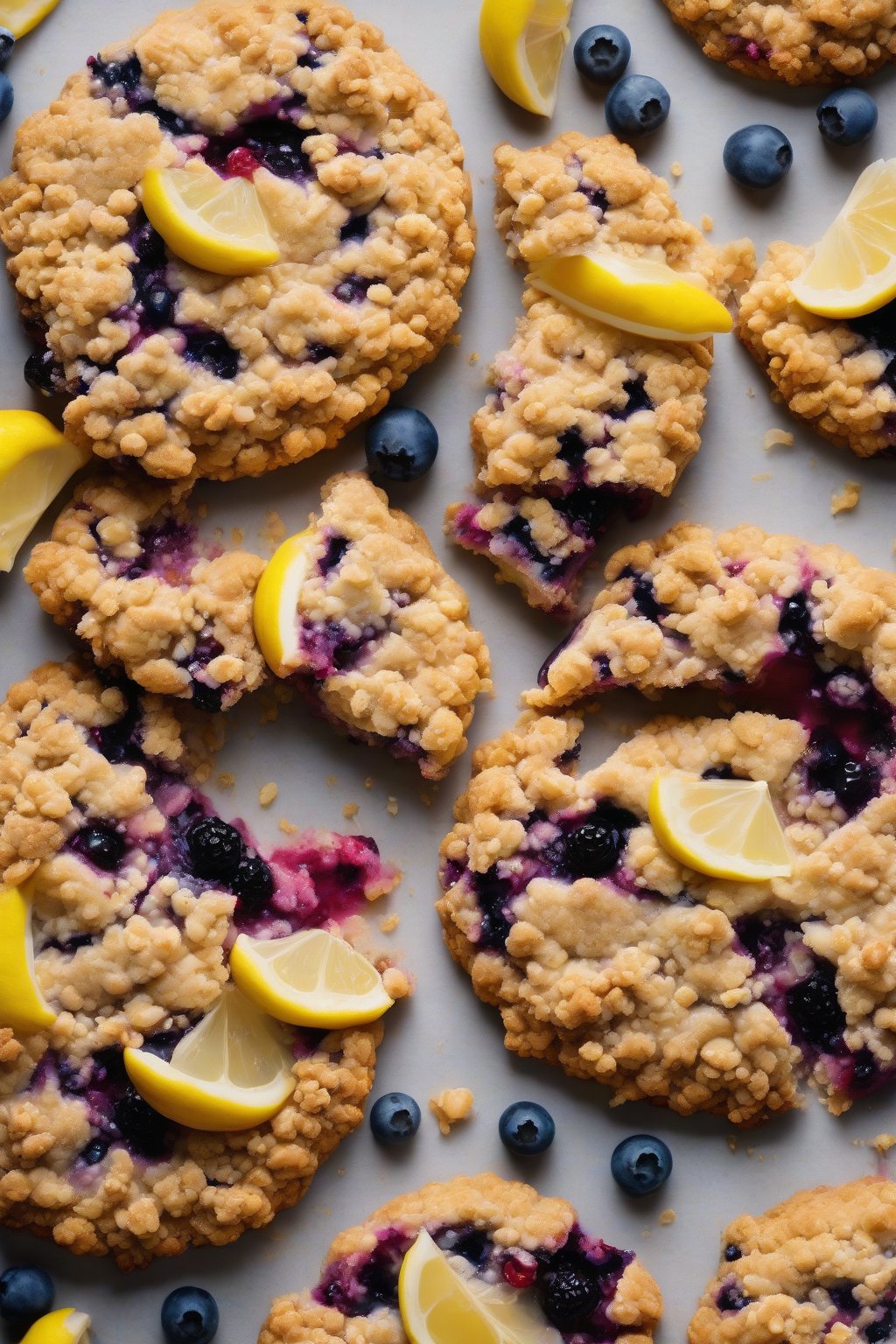 A high-resolution photo of an oversized lemon blueberry crumble cookie, golden crumble studded with berries and lemon filling peeking out, under soft lighting.