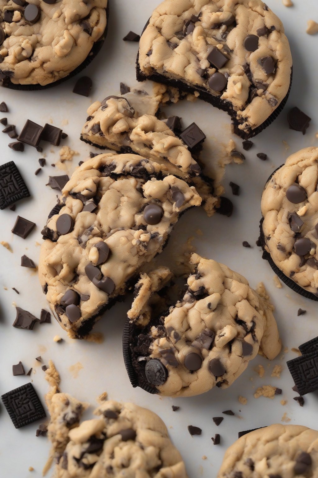 A high-resolution photo of a giant peanut butter Oreo crumble cookie, chocolatey center with Oreo chunks visible, thick crumble layer under soft lighting.
