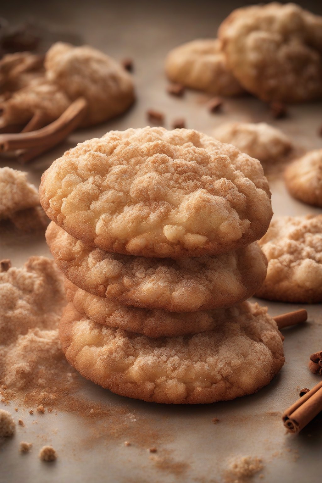 A high-resolution photo of an oversized snickerdoodle crumble cookie, cracked cinnamon-sugar surface with crumbly topping, warm glow under soft lighting.