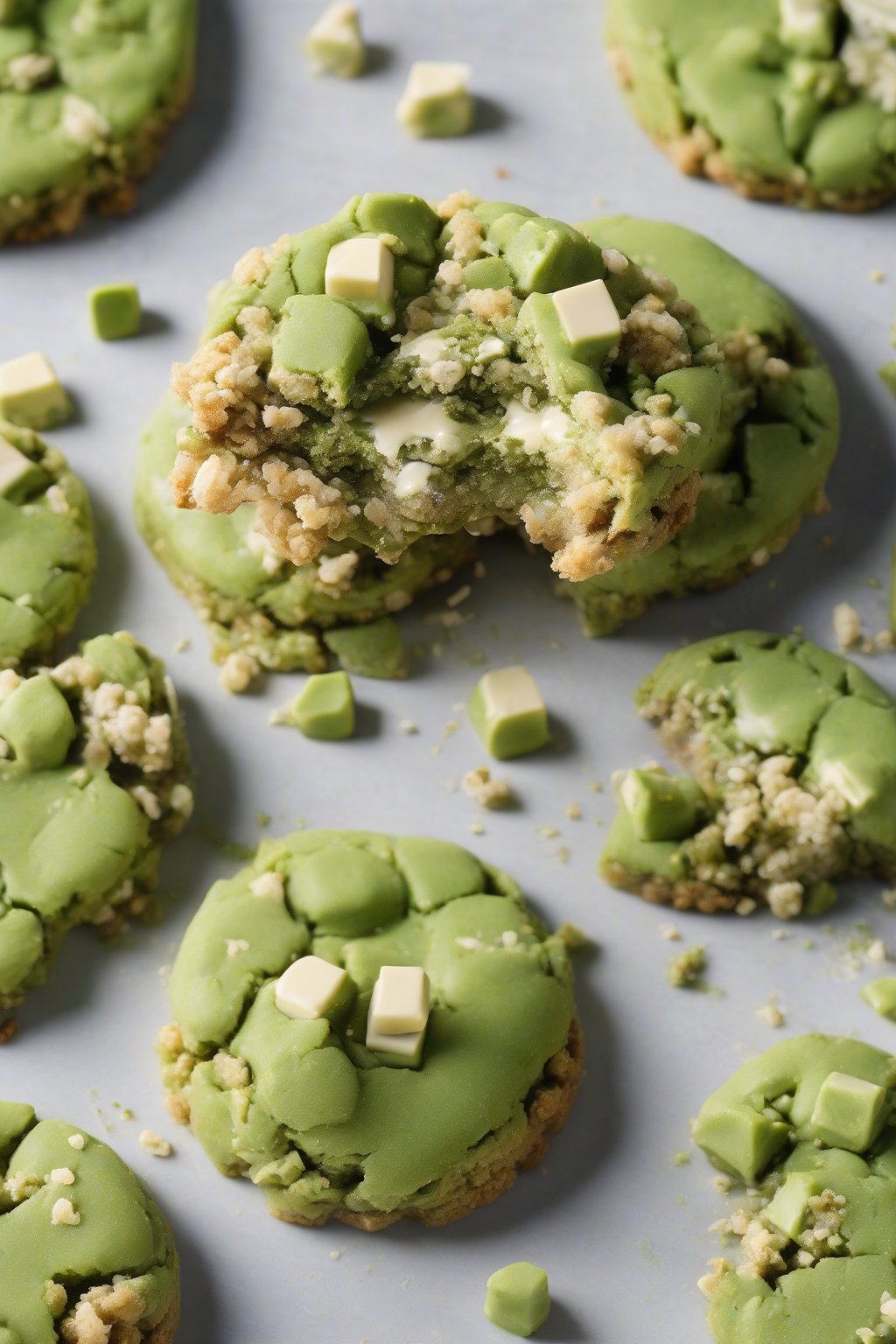 A high-resolution photo of a vibrant green matcha white chocolate crumble cookie, chunks melting slightly, delicate crumble under soft lighting.