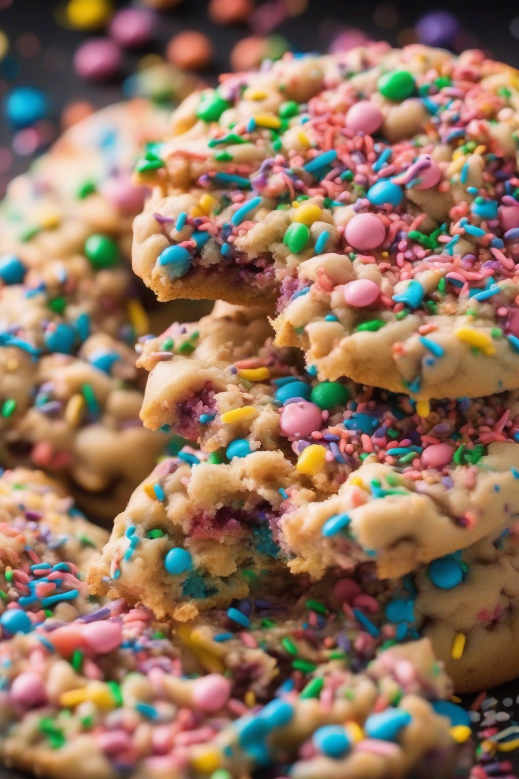 A high-resolution photo of a colorful birthday cake confetti crumble cookie piled high with sprinkles, festive and gooey under soft lighting.