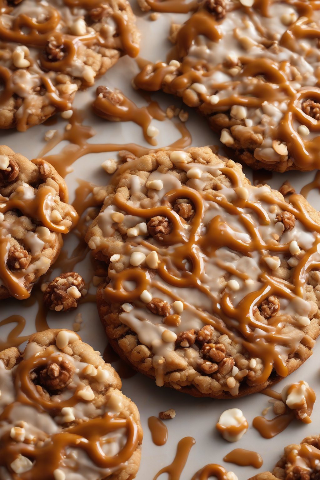 A high-resolution photo of an oversized salted caramel pretzel crumble cookie, caramel drizzle and pretzel bits shining under soft lighting.