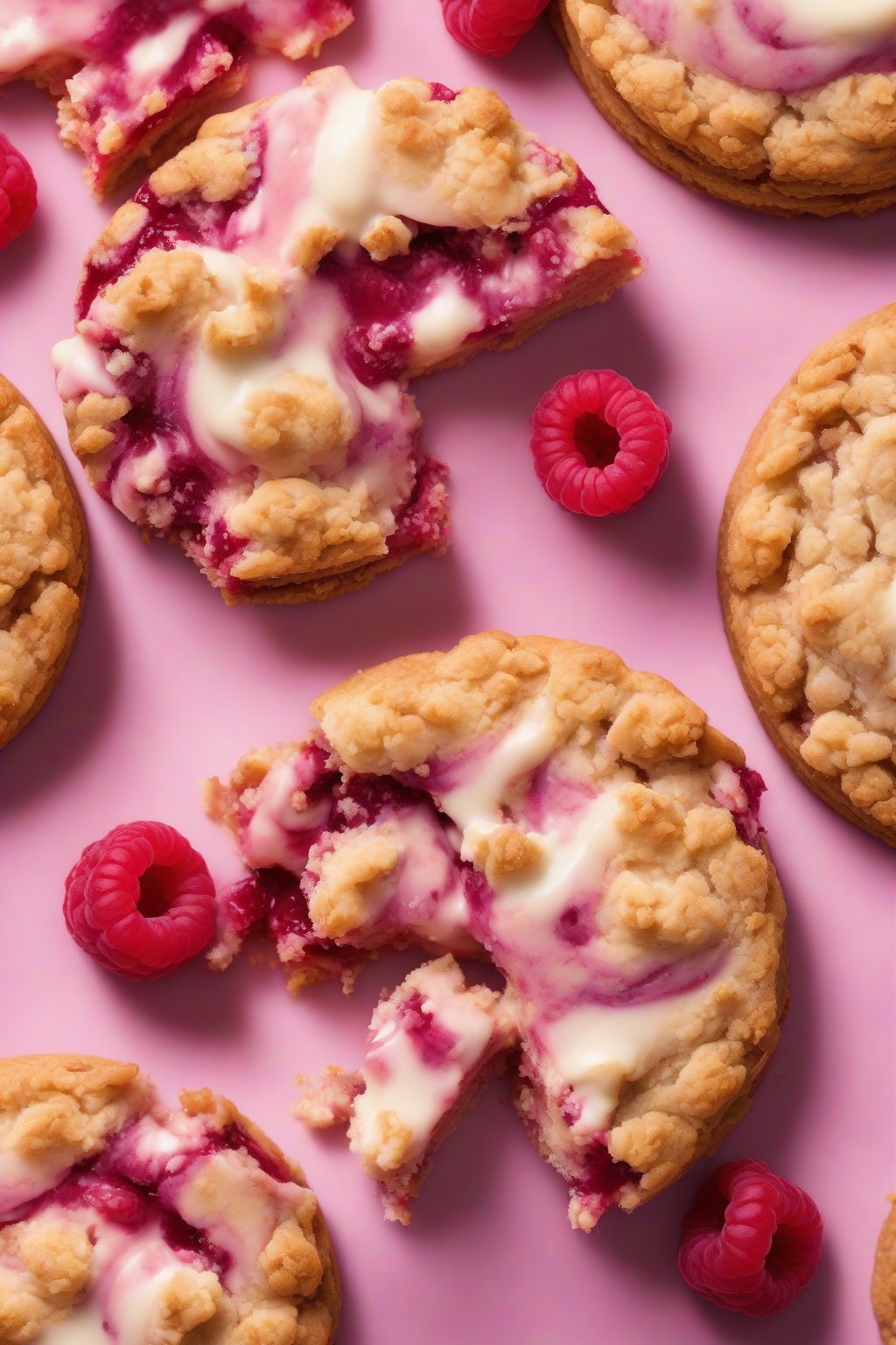 A high-resolution photo of a raspberry cheesecake crumble cookie, pink swirls and creamy filling bursting out under soft lighting.