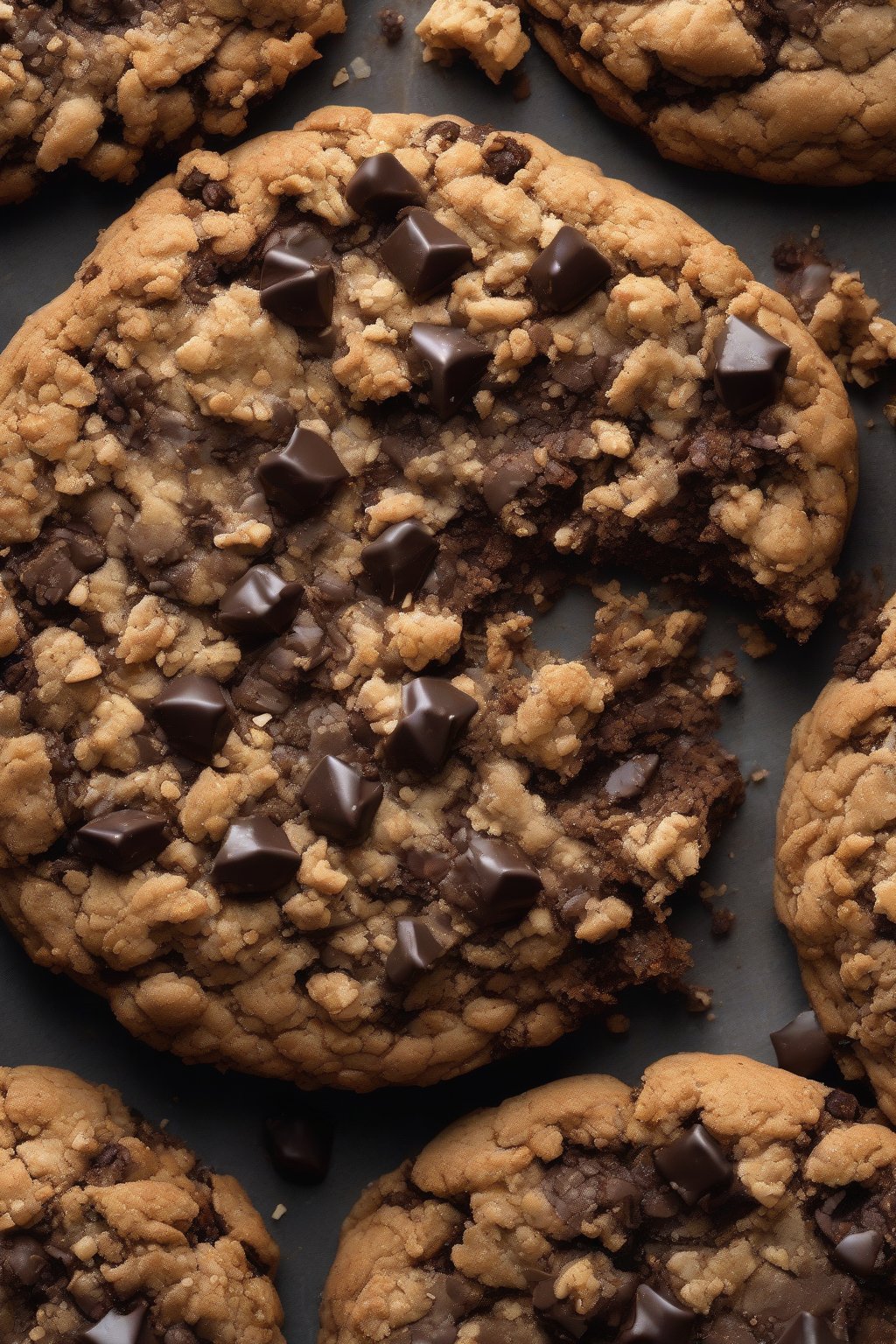 A high-resolution photo of an oversized espresso chocolate crumble cookie, rich dark chunks and crumbly top under soft lighting.