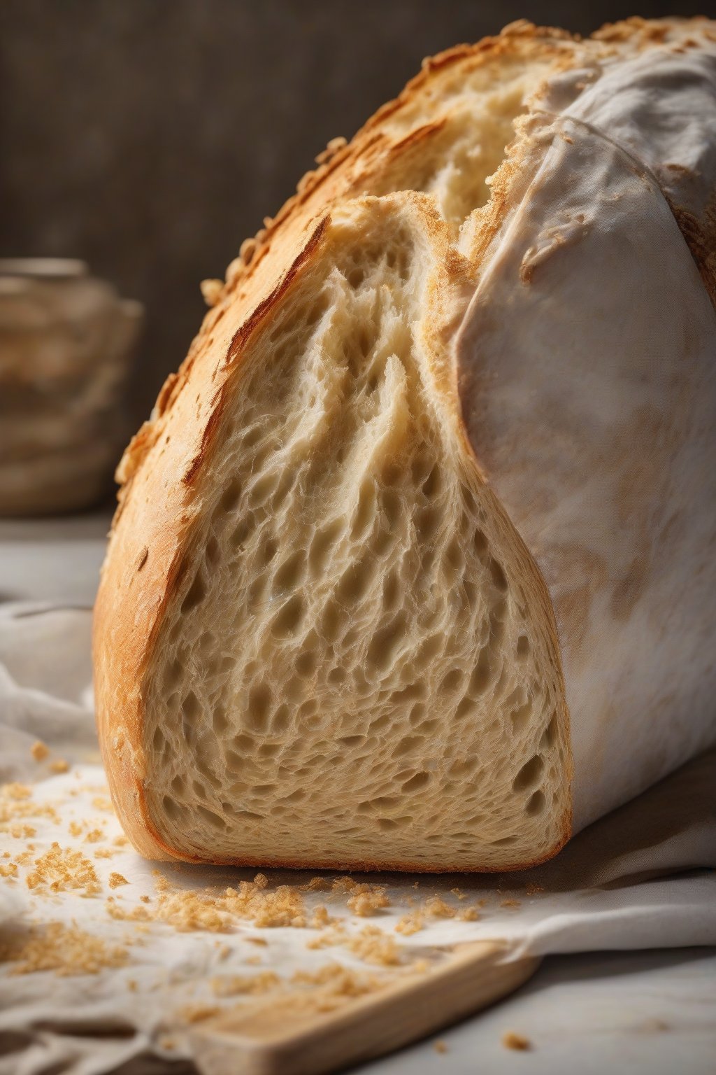 A high-resolution photo of a golden-crusted classic sourdough loaf sliced open to reveal airy crumb, under soft lighting.