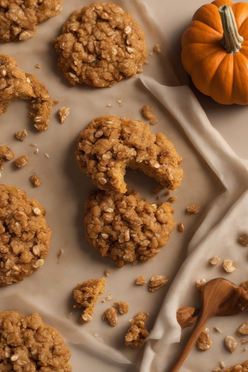 A high-resolution photo of a pumpkin spice oat crumble cookie, warm orange hues and thick oat topping under soft lighting.