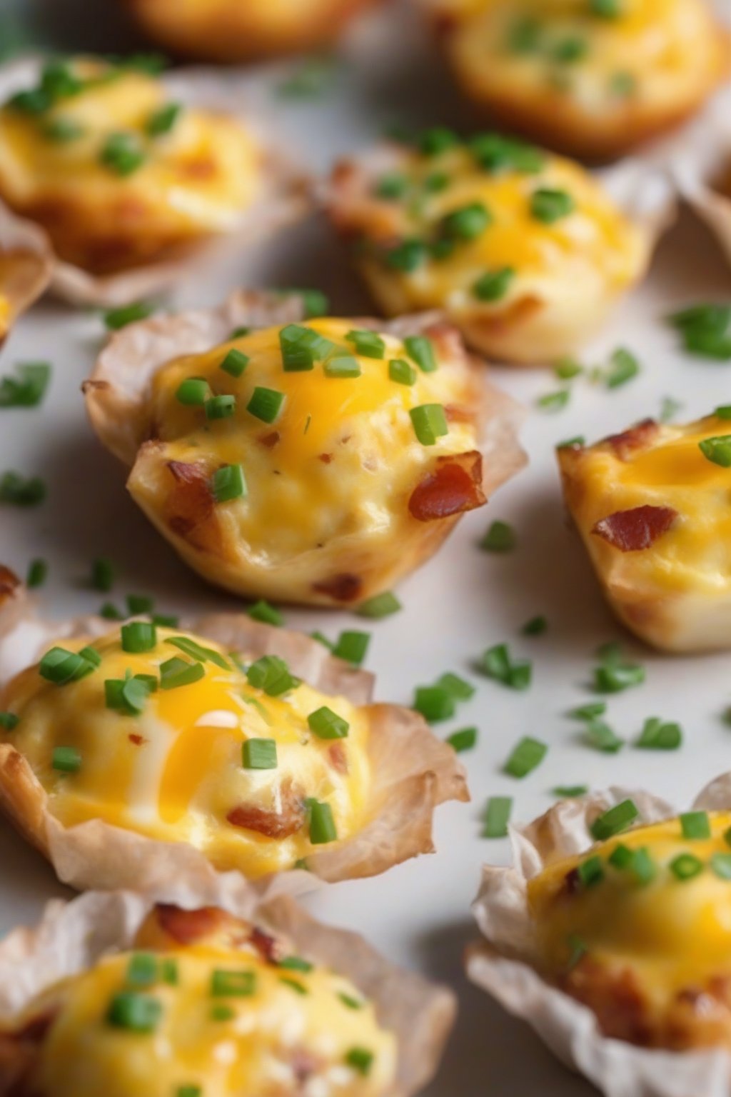 A close-up photo of golden bacon and cheddar egg bites fresh from the oven, topped with chives, under soft lighting.