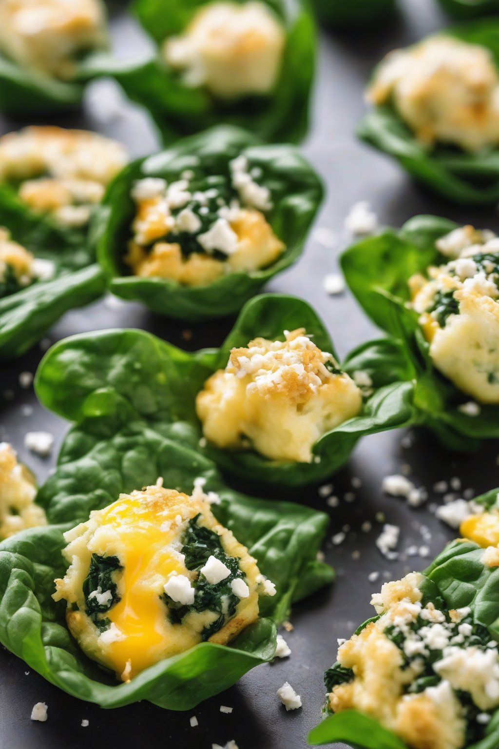 A close-up photo of vibrant green spinach and feta egg bites with crumbled cheese on top, under soft lighting.