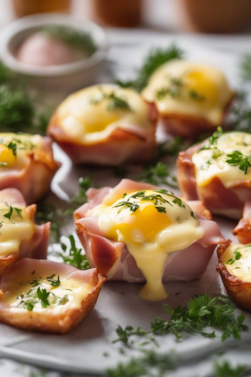 A close-up photo of ham and Swiss egg bites oozing melted cheese, garnished with herbs, under soft lighting.
