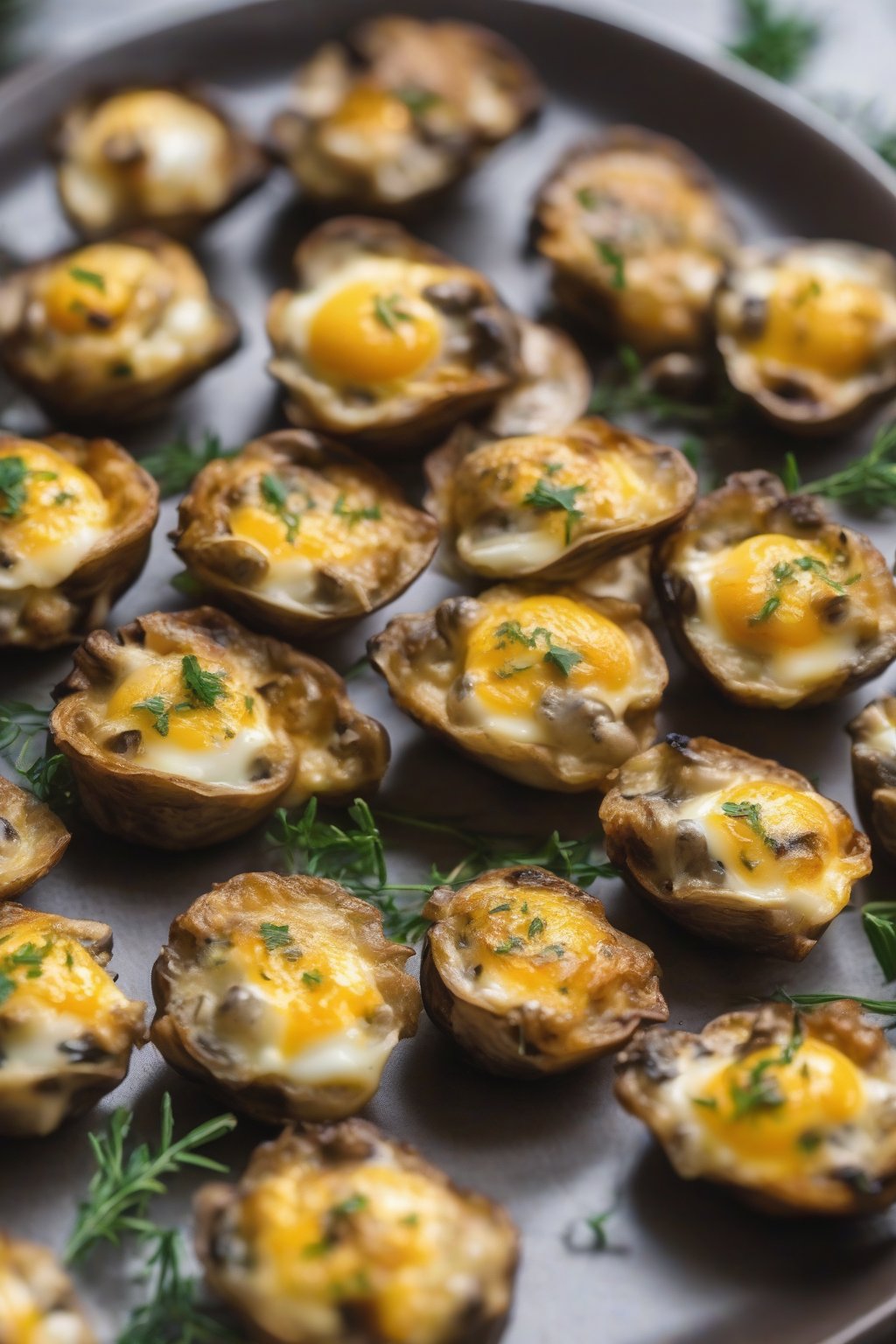 A close-up photo of earthy mushroom and Gruyere egg bites with golden tops, under soft lighting.