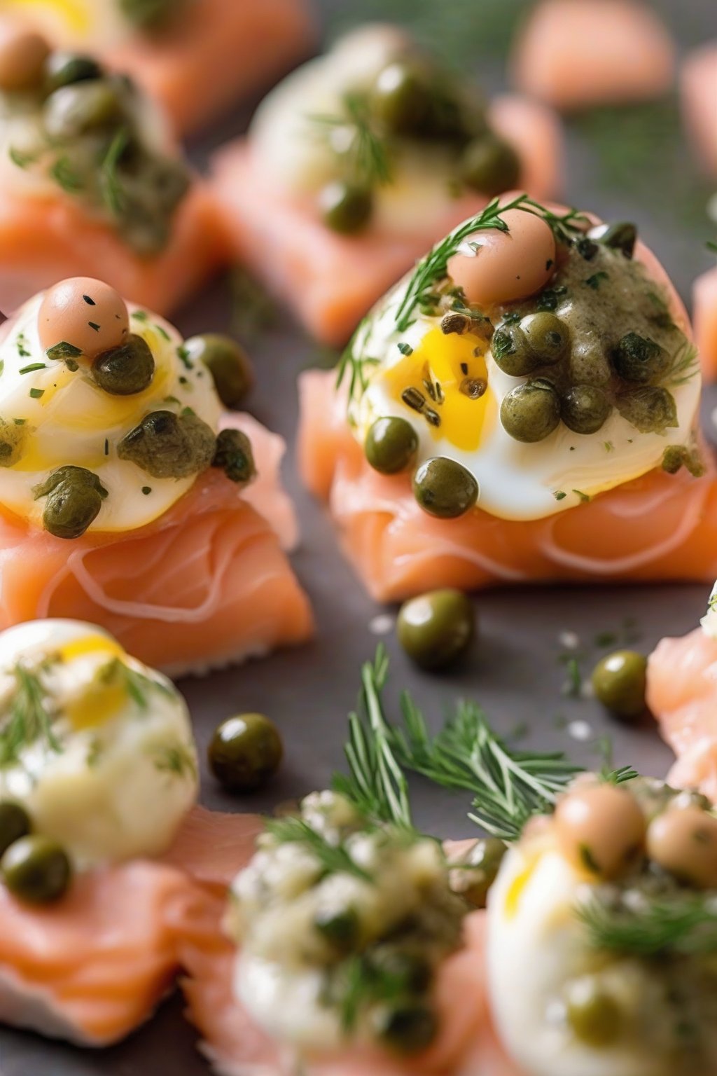 A close-up photo of pink smoked salmon and dill egg bites topped with capers, under soft lighting.