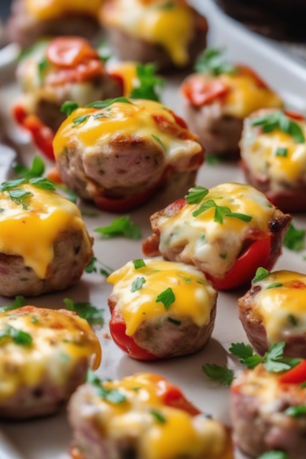 A close-up photo of colorful turkey sausage and bell pepper egg bites with melted cheese, under soft lighting.