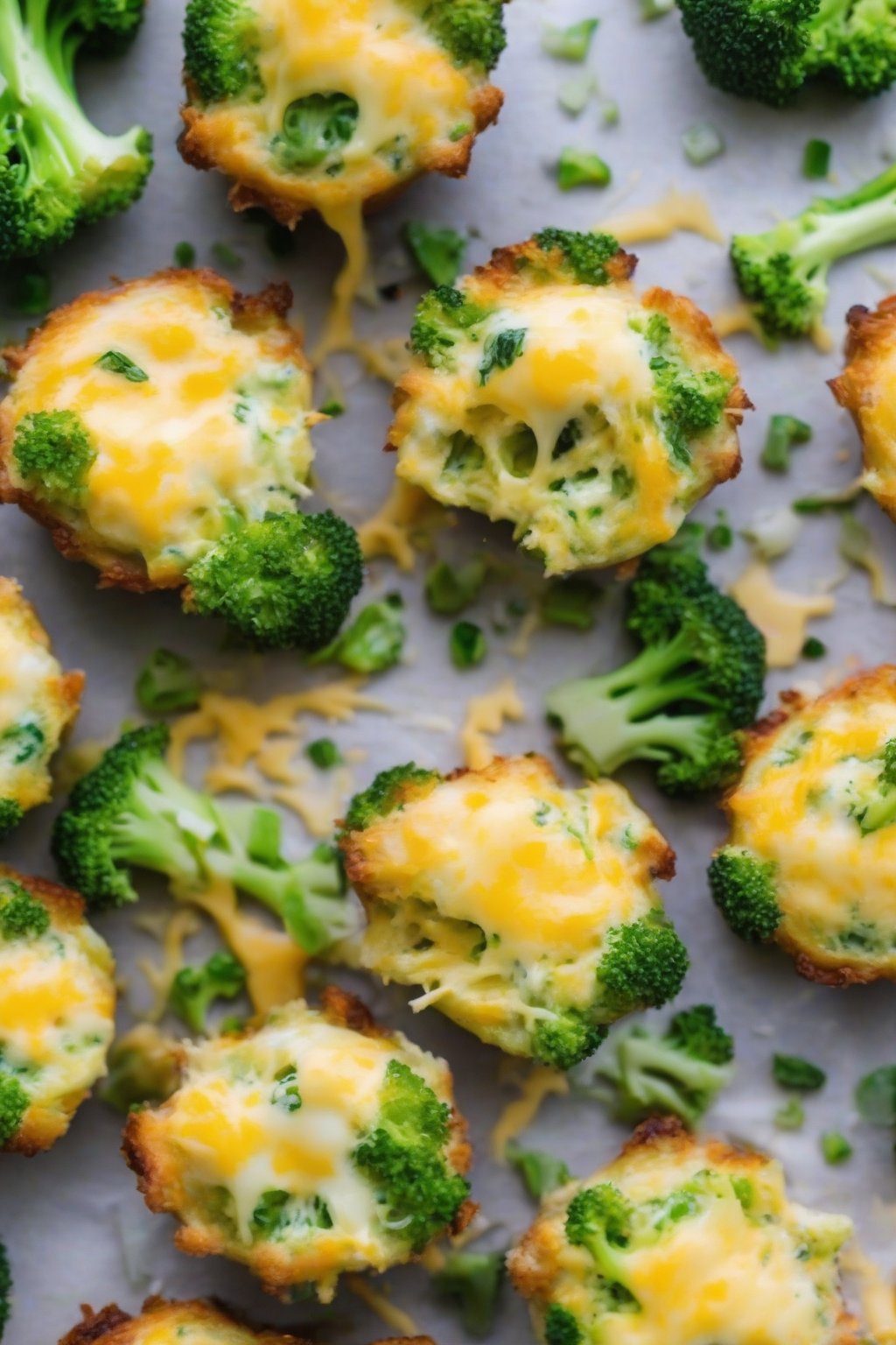 A close-up photo of broccoli cheddar egg bites with visible green flecks and gooey cheese, under soft lighting.