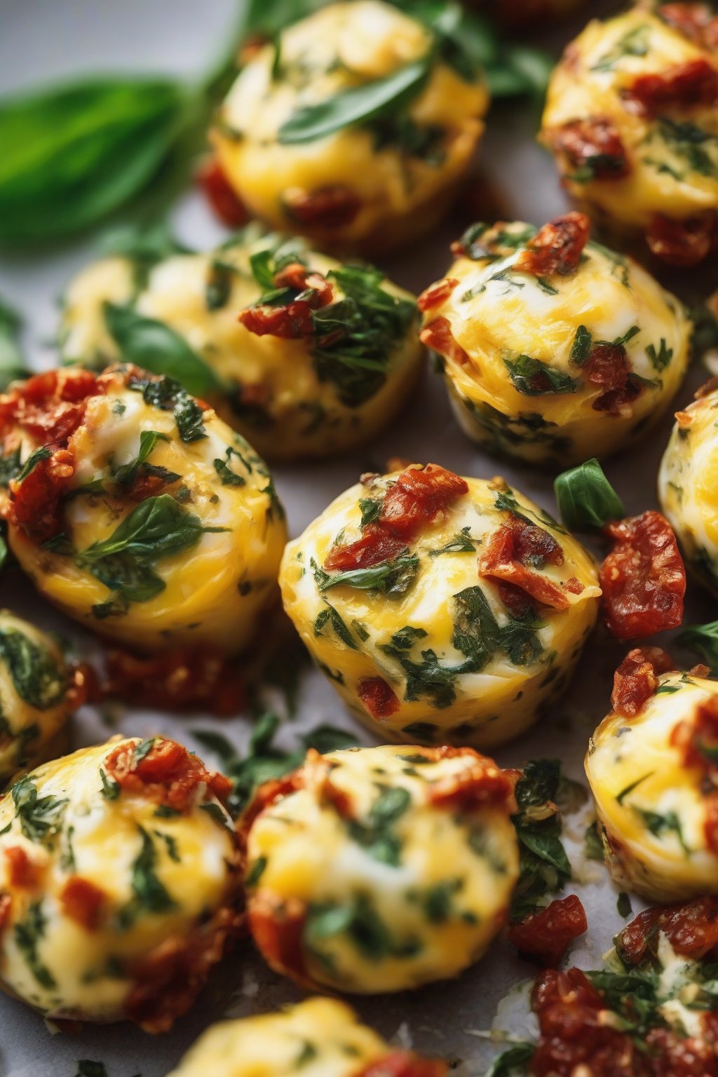 A close-up photo of red sundried tomato and basil egg bites flecked with green herbs, under soft lighting.