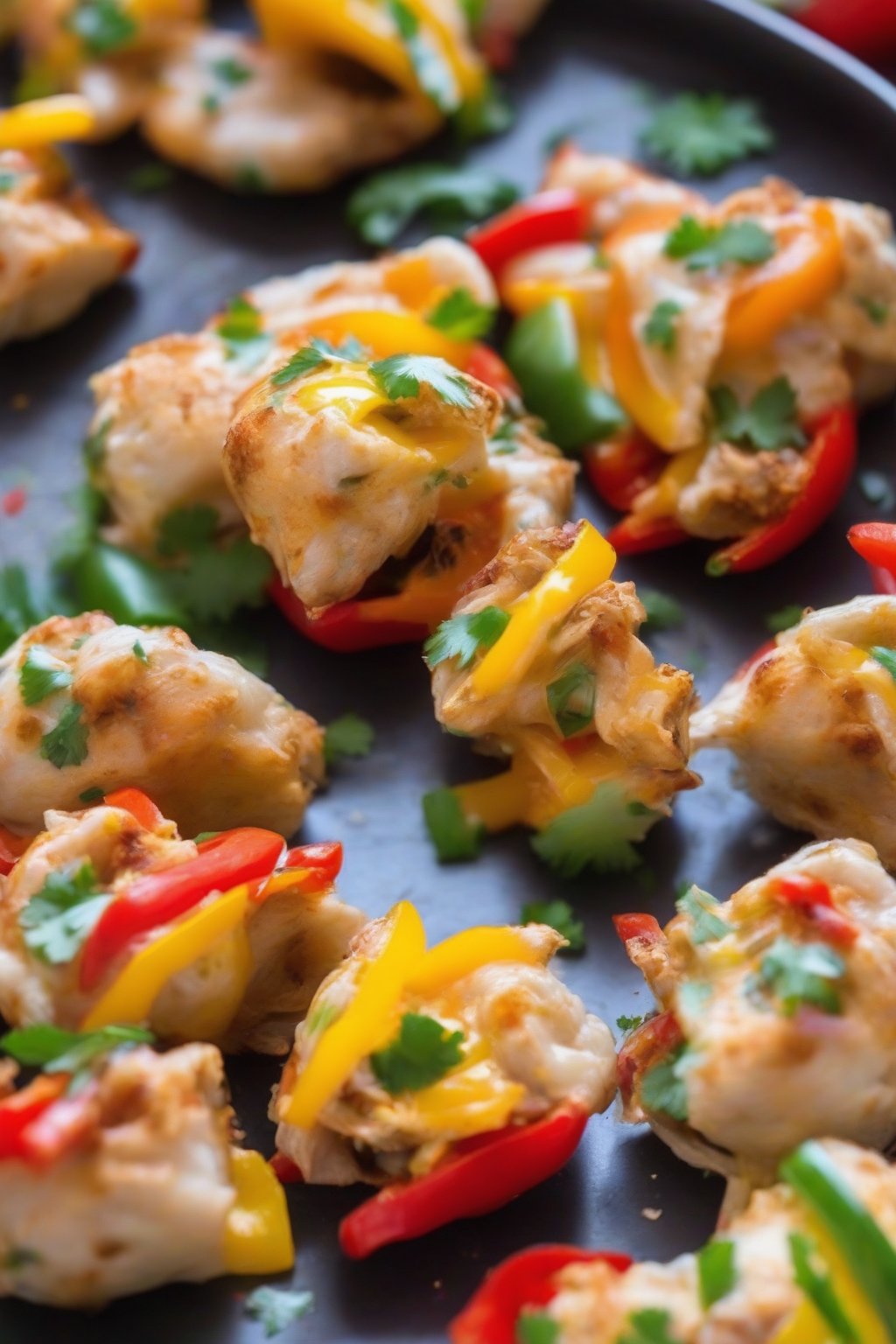 A close-up photo of spicy chicken fajita egg bites with colorful peppers peeking out, under soft lighting.