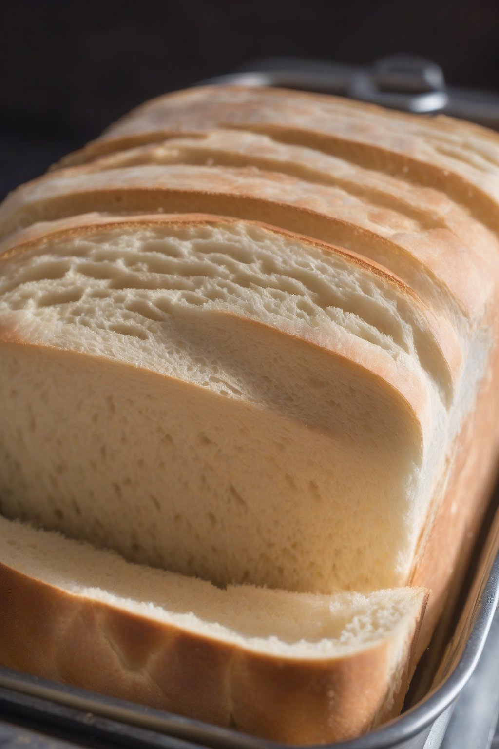 A high-resolution photo of soft sourdough sandwich bread sliced neatly in a loaf pan, steam rising, under soft lighting.