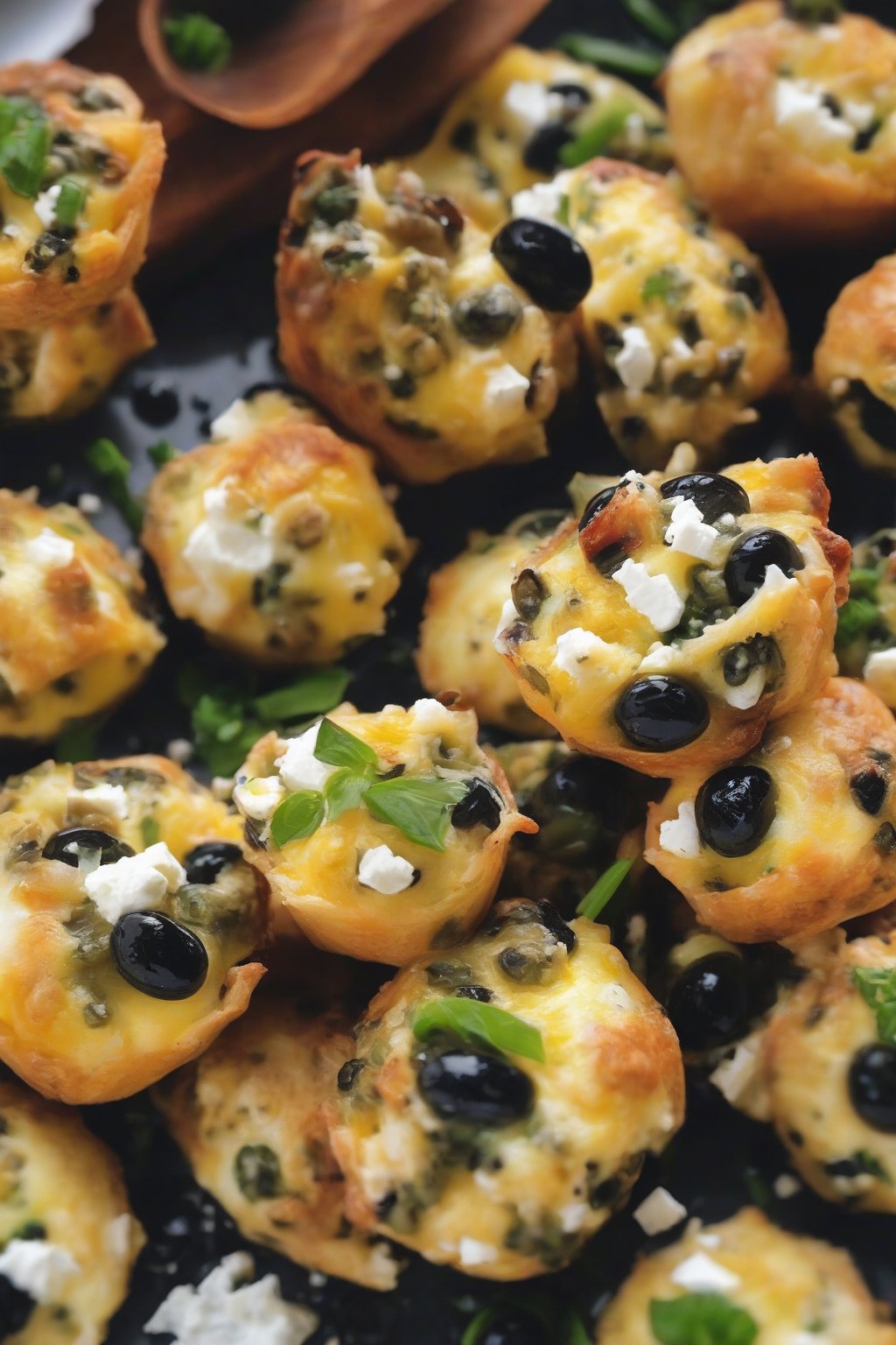 A close-up photo of Greek egg bites studded with black olives and feta crumbles, under soft lighting.