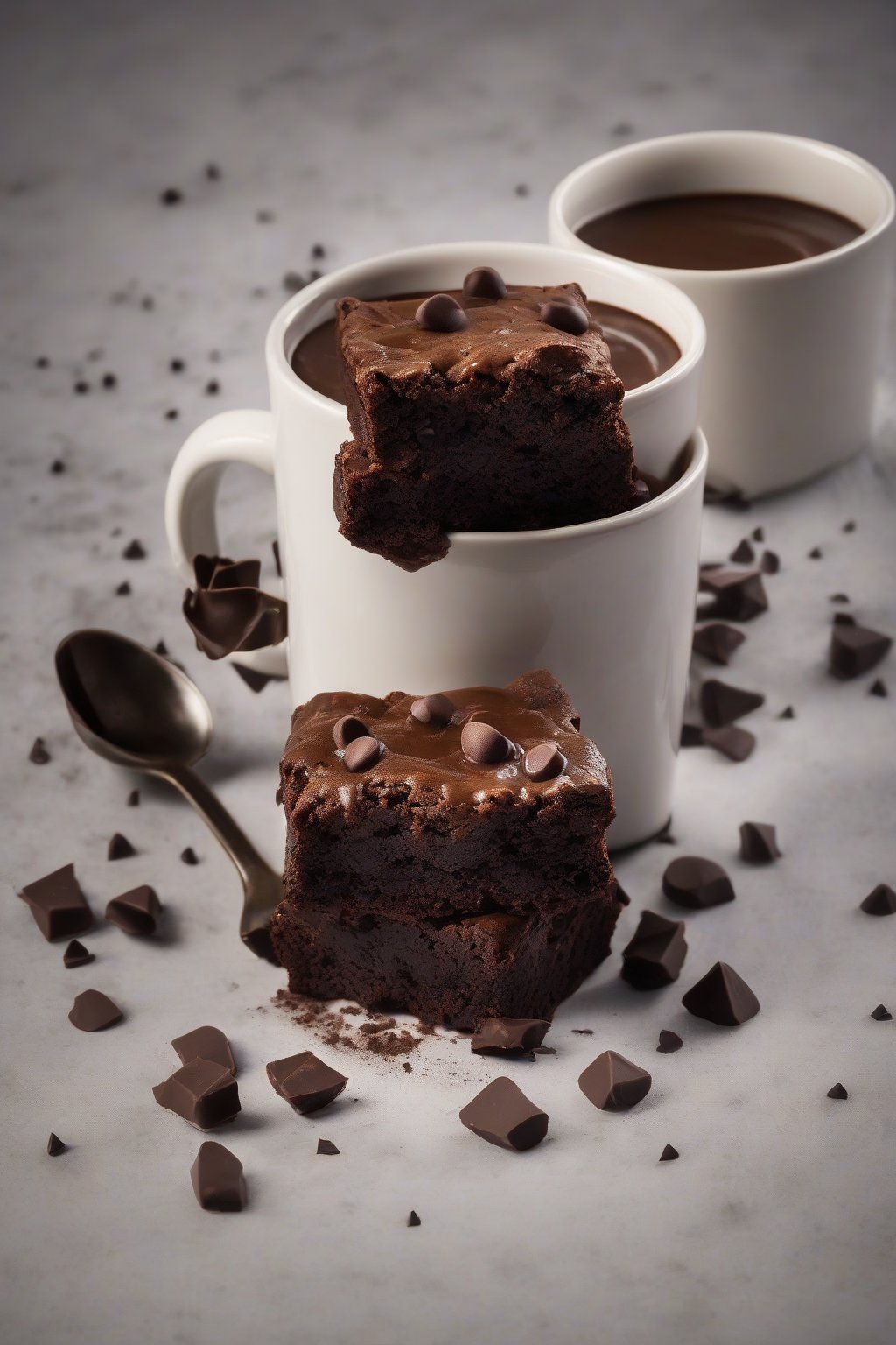 A high-resolution photo of a steaming classic chocolate brownie in a mug, topped with melty chocolate chips, under soft lighting.