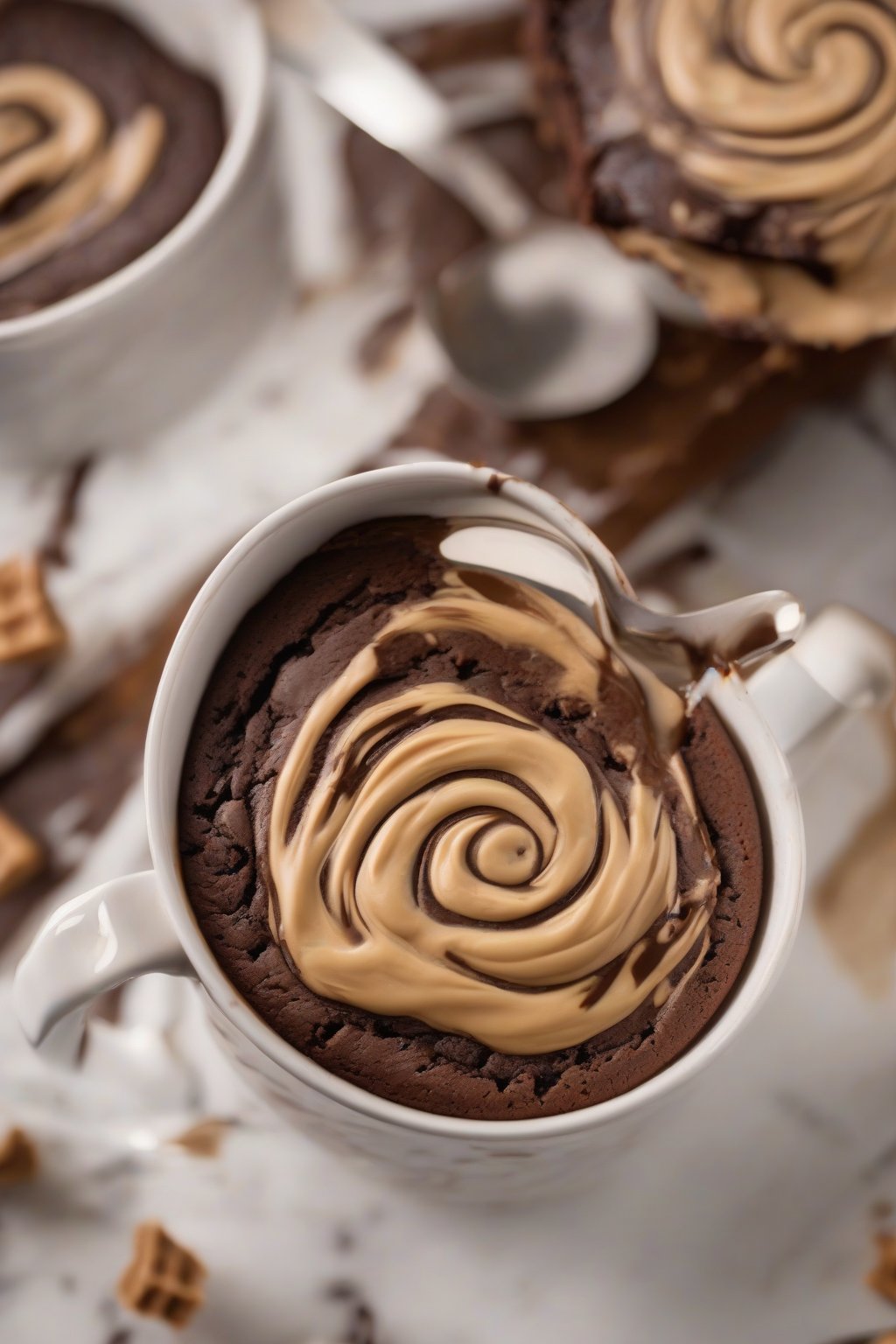 A high-resolution photo of a peanut butter swirled brownie in a mug, gooey center with visible swirls, under soft lighting.
