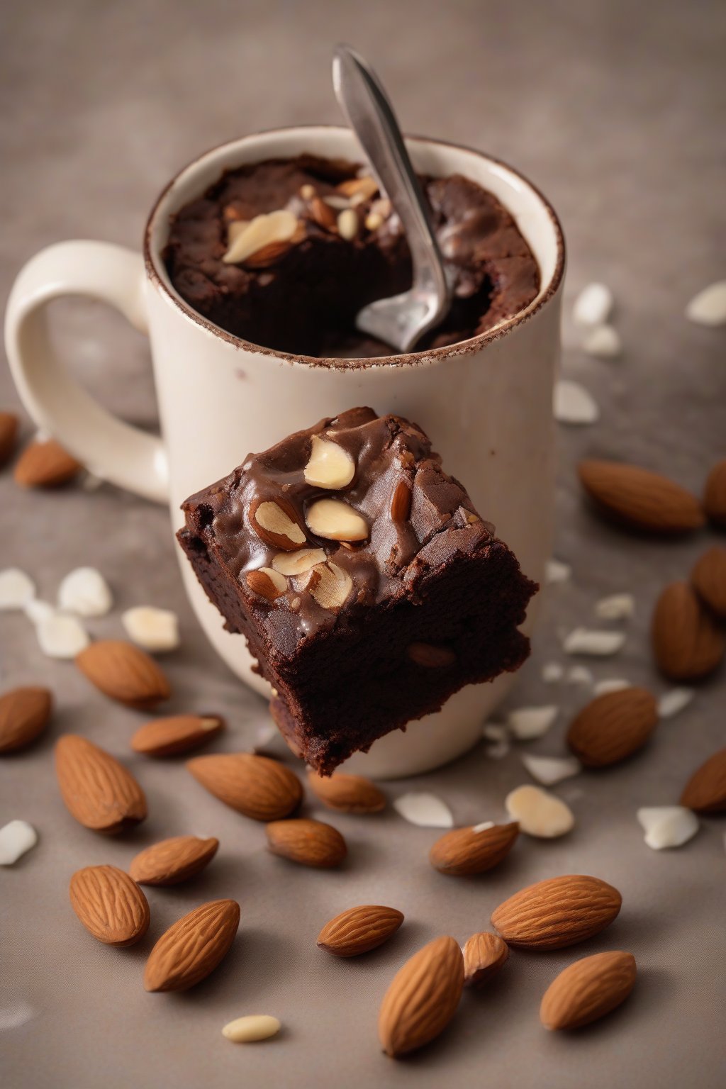 A high-resolution photo of an almond-studded brownie in a mug, with nuts peeking through the fudgy top, under soft lighting.