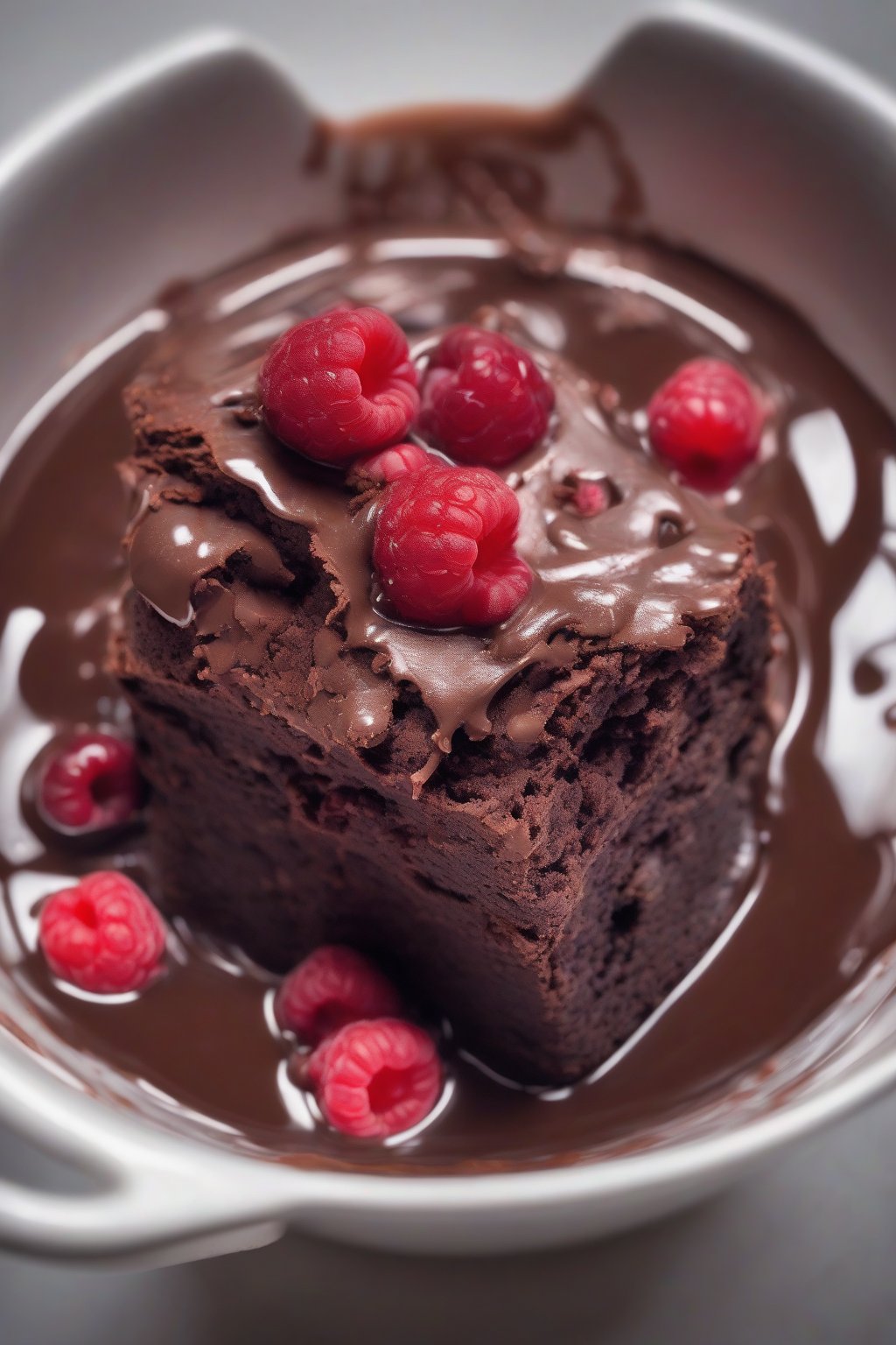 A high-resolution photo of a raspberry brownie in a mug, with red berries embedded in gooey chocolate, under soft lighting.