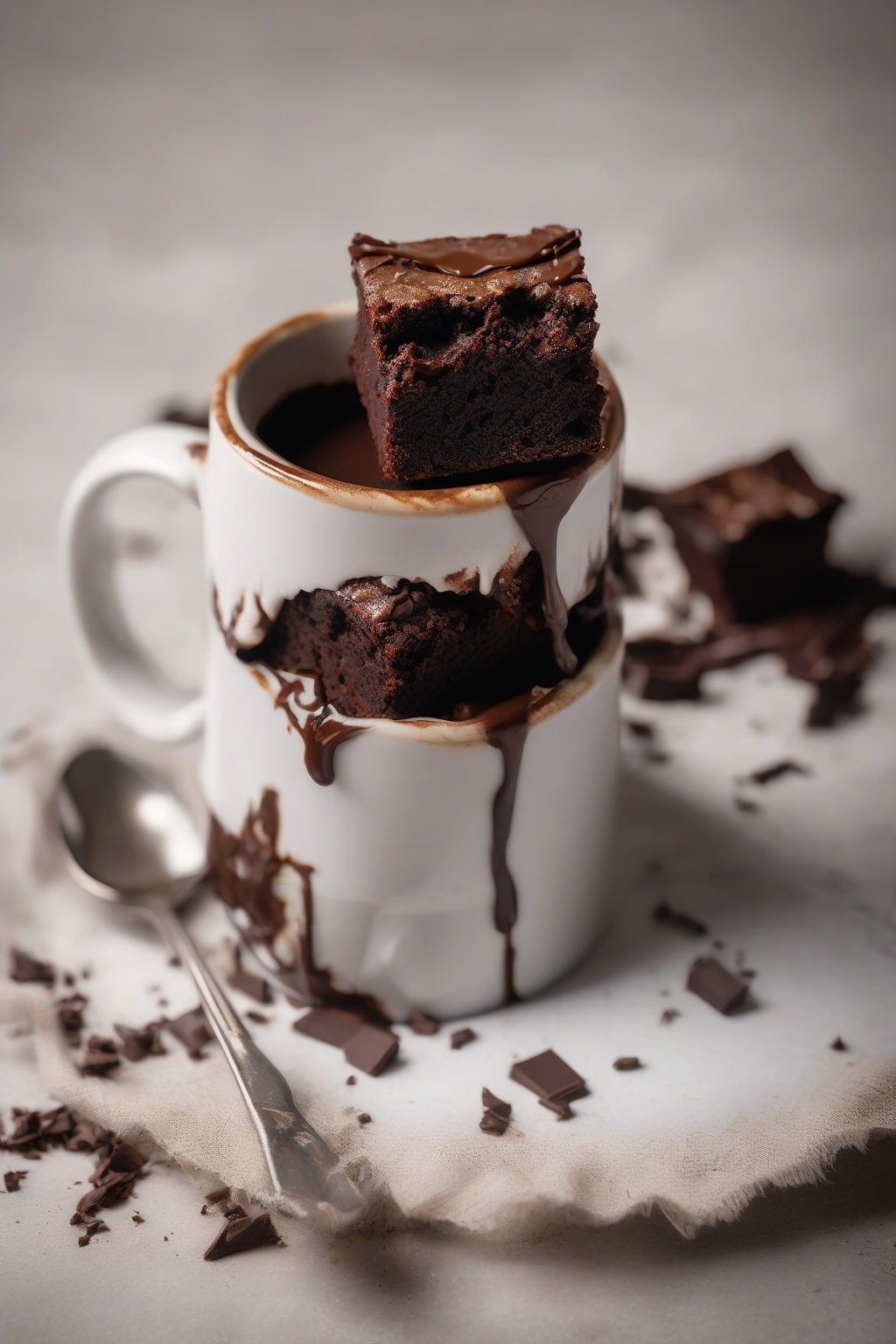 A high-resolution photo of a vegan chocolate brownie in a mug, cracked top revealing moist interior, under soft lighting.