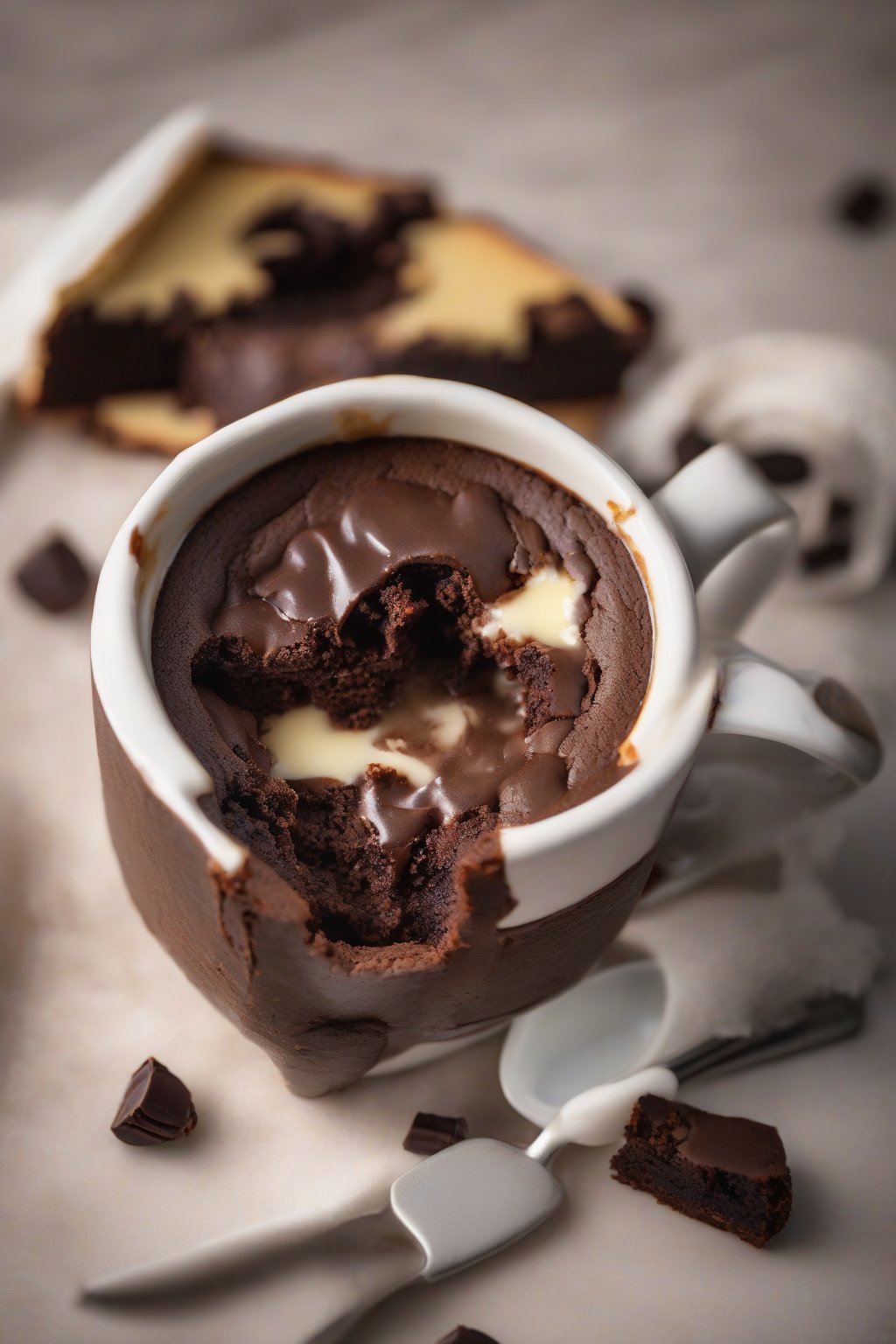 A high-resolution photo of a cheesecake-stuffed brownie in a mug, cross-section showing creamy center, under soft lighting.