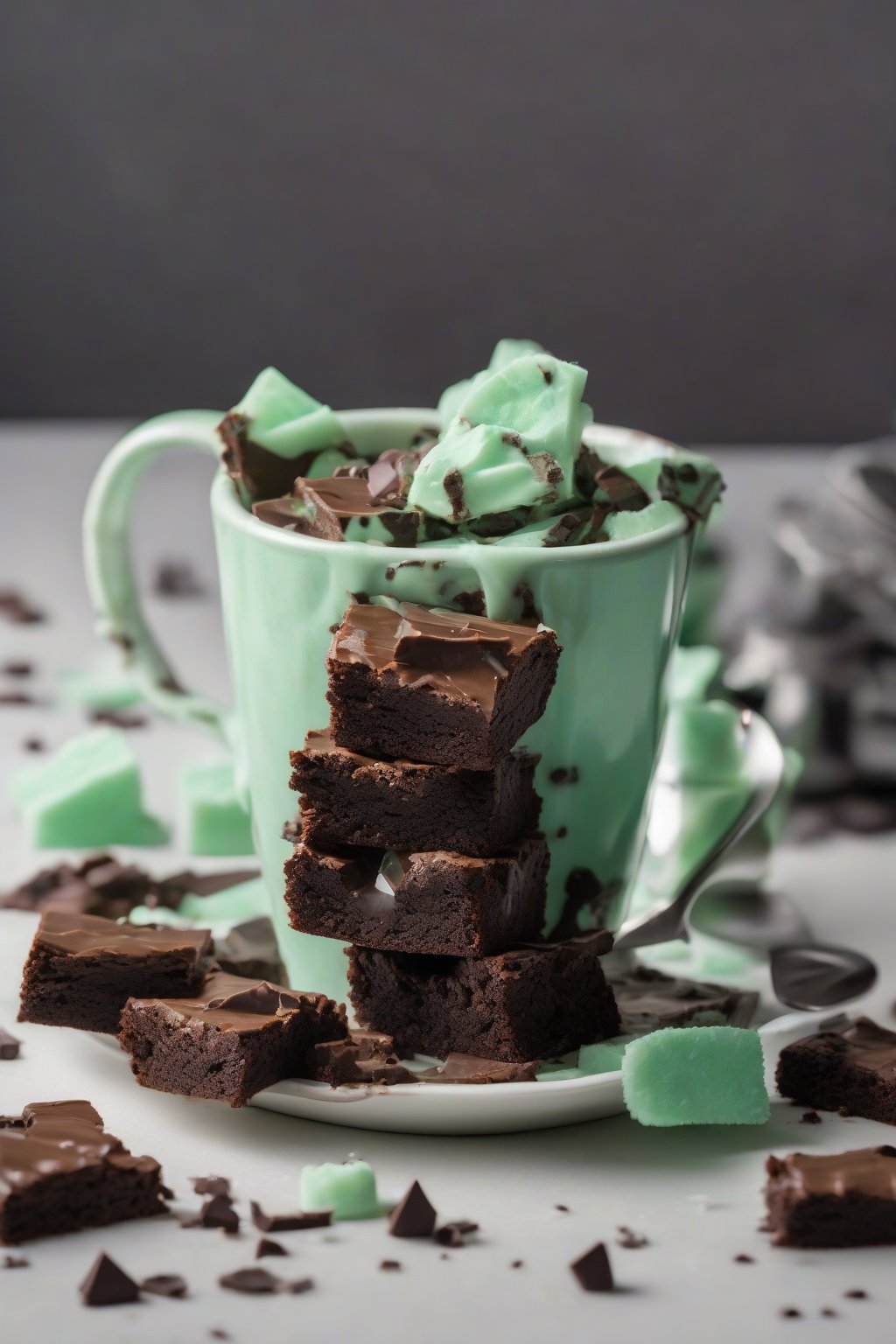 A high-resolution photo of a mint chocolate chip brownie in a mug, green-flecked chips melting into fudge, under soft lighting.