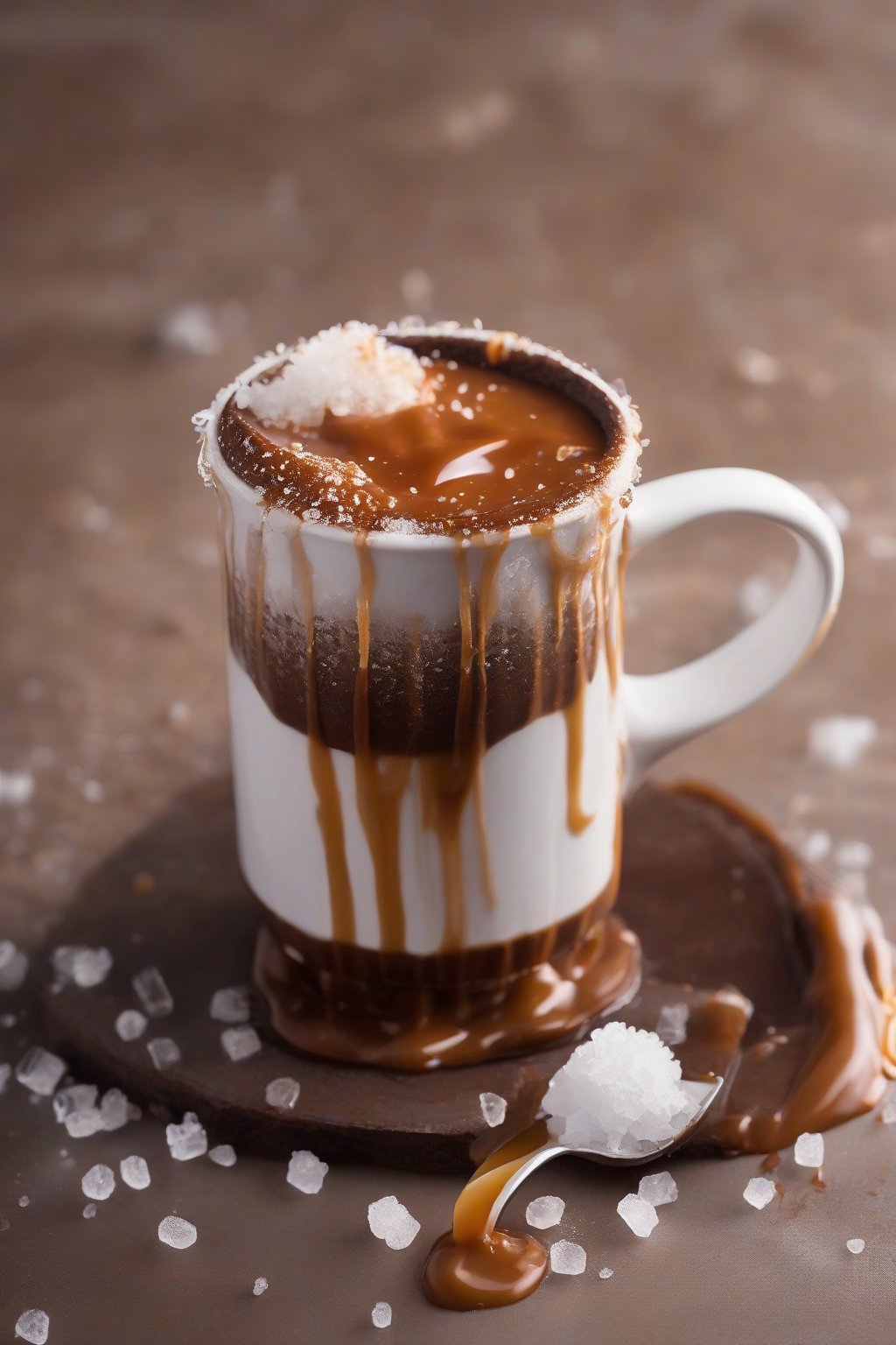 A high-resolution photo of a caramel sea salt brownie in a mug, drizzled with sauce and salt crystals, under soft lighting.