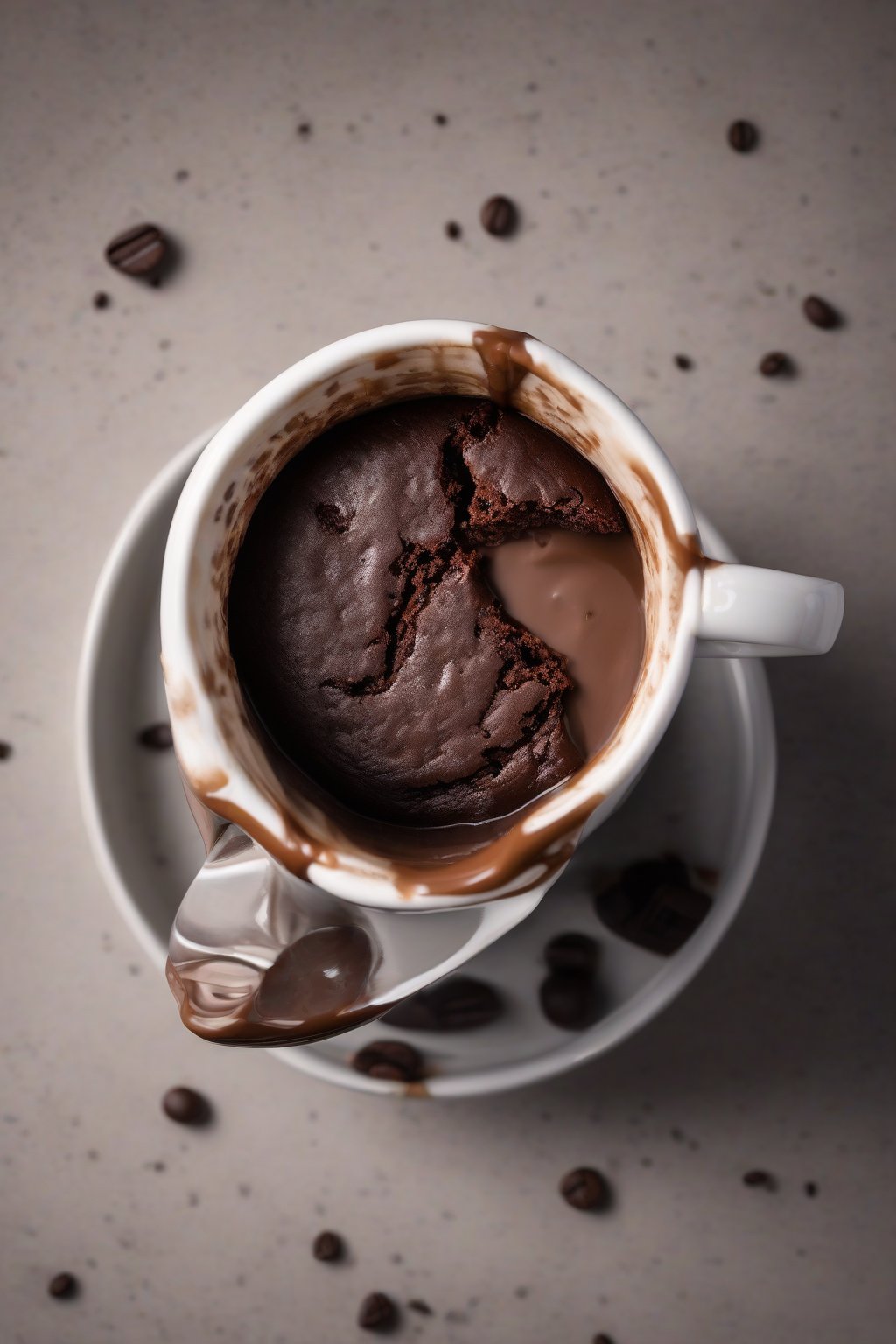 A high-resolution photo of a mocha brownie in a mug, with a glossy coffee-infused top, under soft lighting.