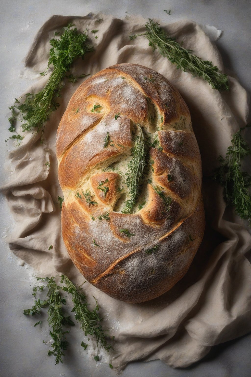 A high-resolution photo of a rustic garlic herb sourdough boule dusted with flour, fresh herbs on top, under soft lighting.