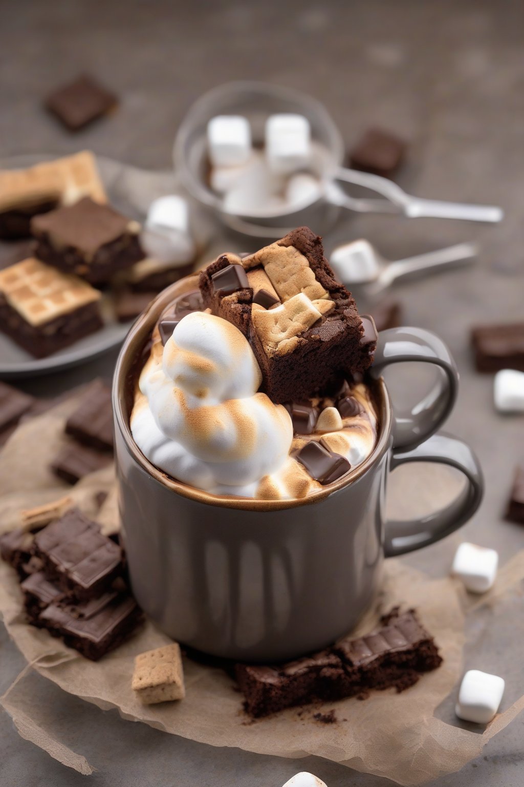 A high-resolution photo of a s'mores brownie in a mug, gooey marshmallow and graham bits, under soft lighting.