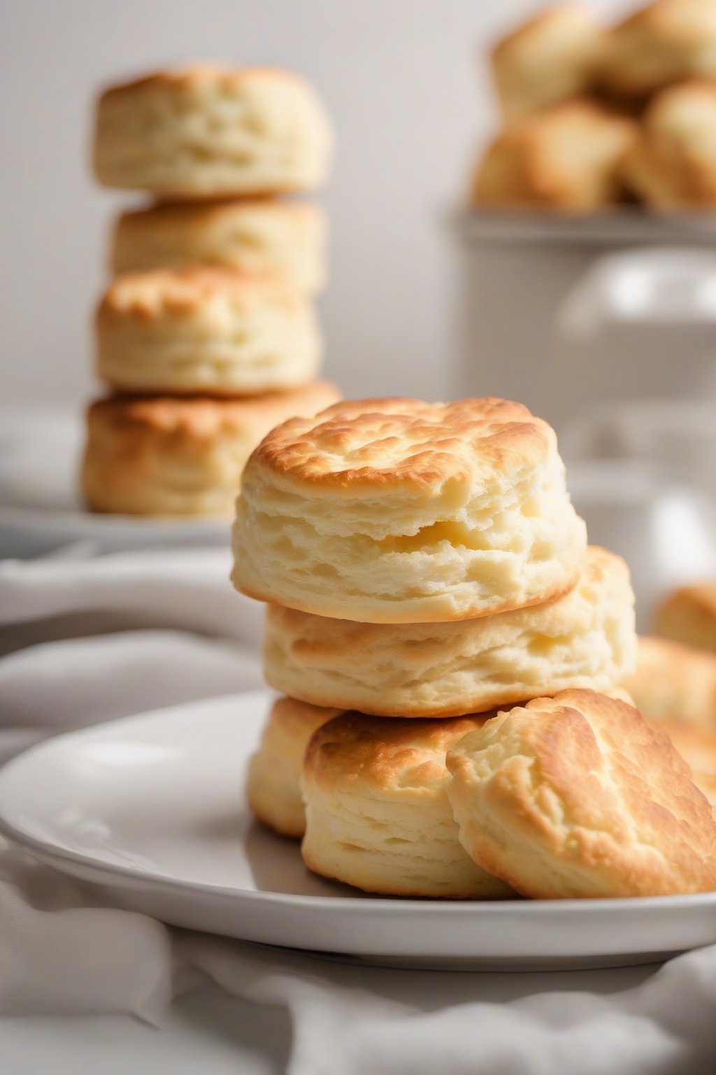 A high-resolution photo of fluffy golden buttermilk biscuits stacked on a white plate, steam rising, under soft lighting.