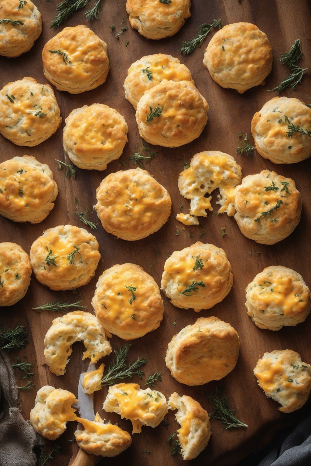 A high-resolution photo of golden cheesy cheddar herb biscuits with visible cheese pulls, on a rustic wooden board, under soft lighting.