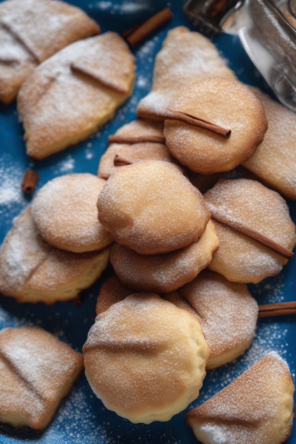A high-resolution photo of cinnamon sugar biscuits glistening with butter, powdered sugar dusting, on a blue plate, under soft lighting.