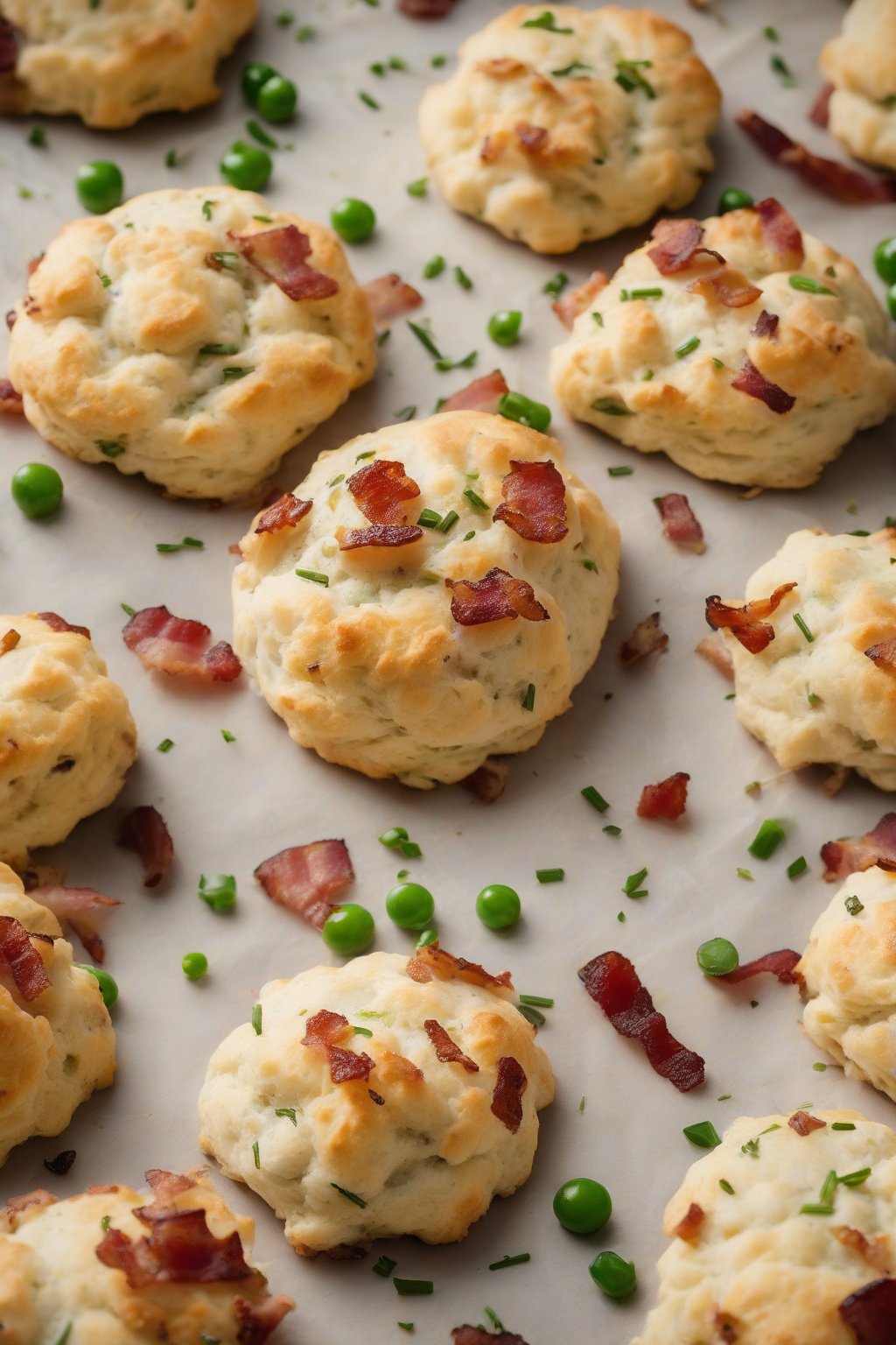 A high-resolution photo of bacon chive drop biscuits with crispy bacon bits, fresh from the oven, under soft lighting.