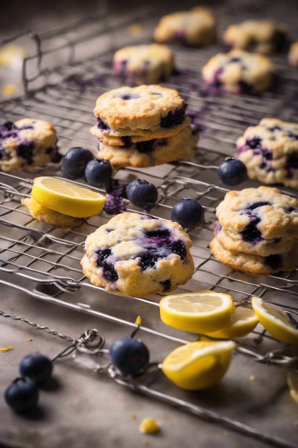 A high-resolution photo of blueberry lemon biscuits with purple juices seeping, lemon zest flecks, on a wire rack, under soft lighting.