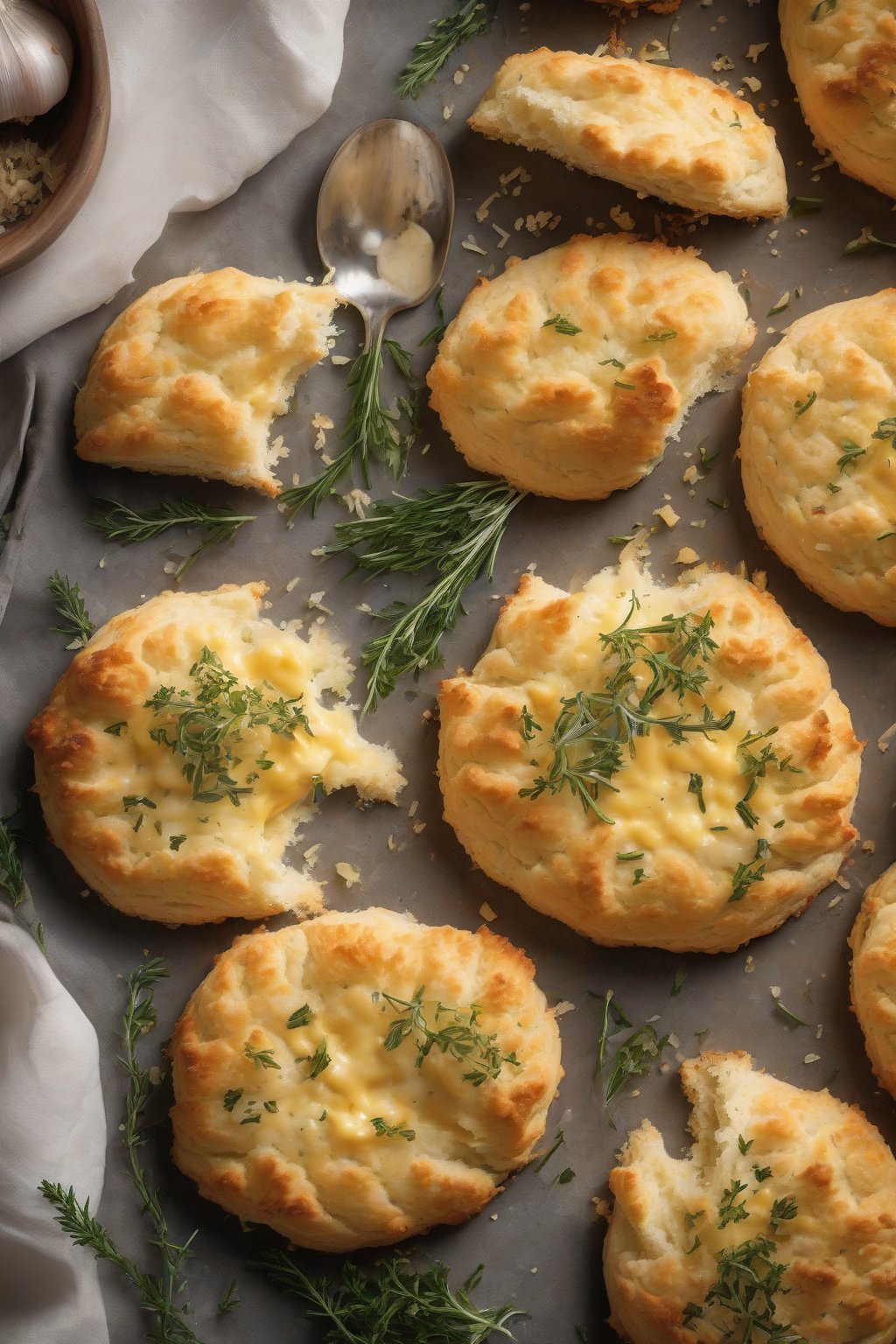 A high-resolution photo of garlic parmesan biscuits topped with golden cheese crust, herbs garnish, under soft lighting.