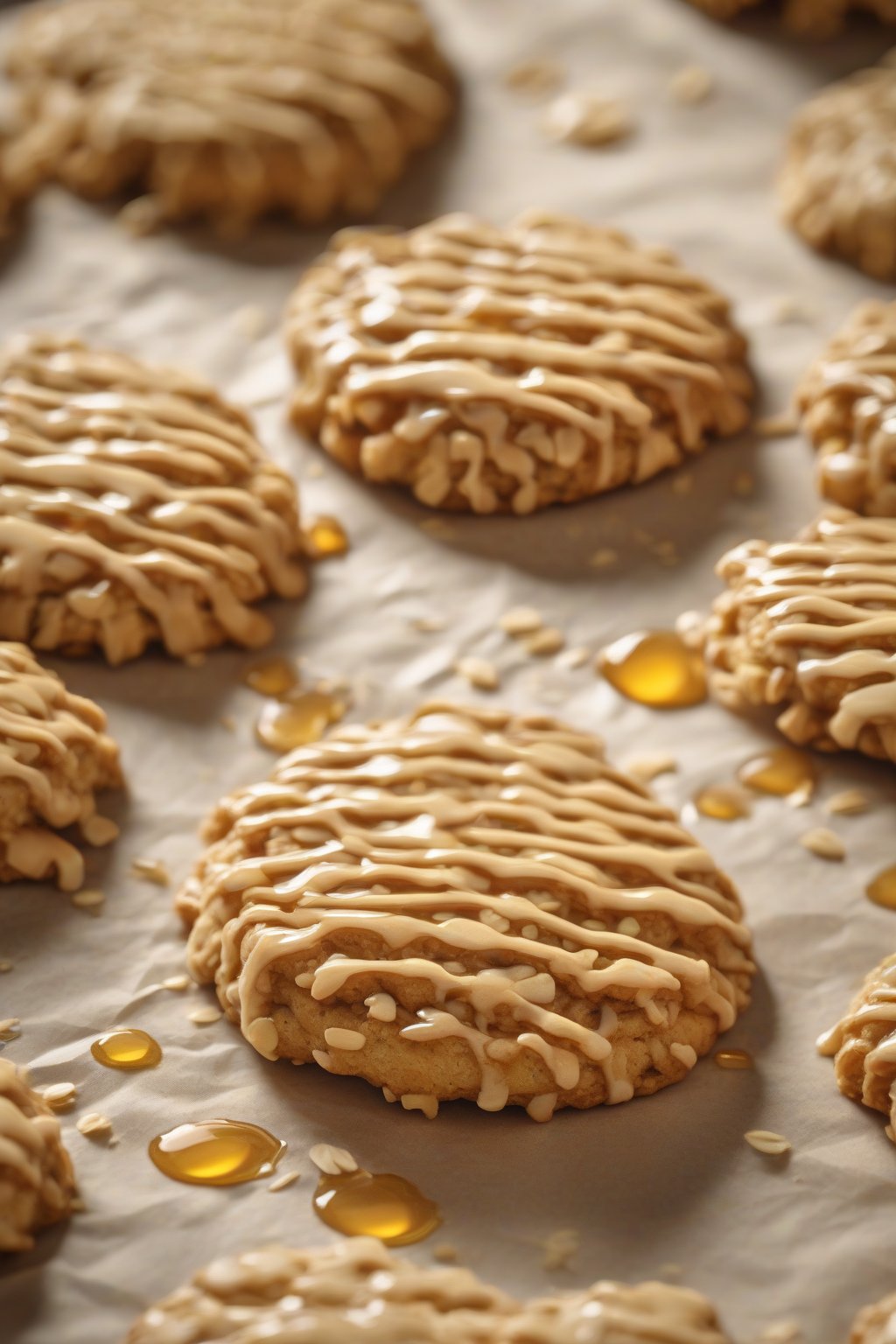 A high-resolution photo of honey oat biscuits drizzled with golden honey, oats visible, on parchment paper, under soft lighting.