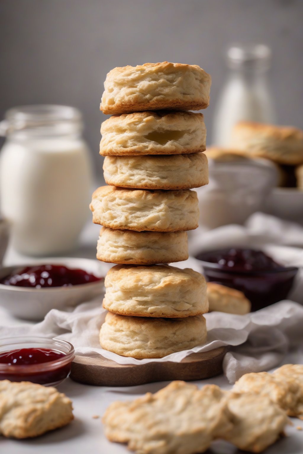 A high-resolution photo of vegan almond milk biscuits, tall and flaky, with a side of jam, under soft lighting.