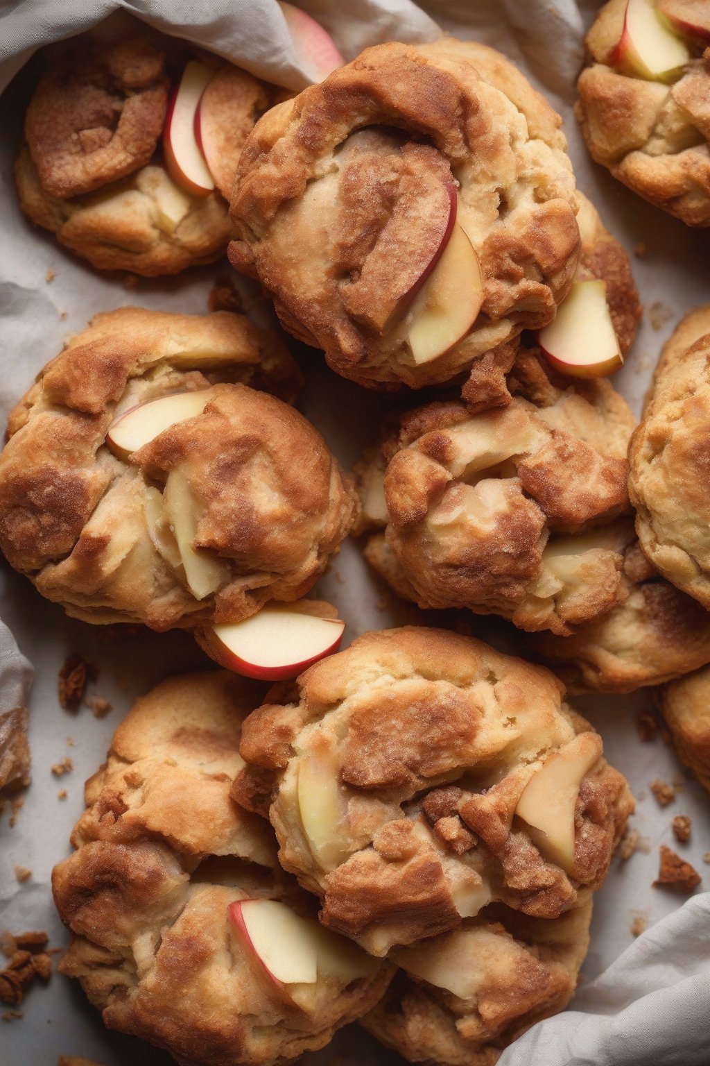 A high-resolution photo of apple cinnamon biscuits with apple chunks peeking out, cinnamon swirl, under soft lighting.