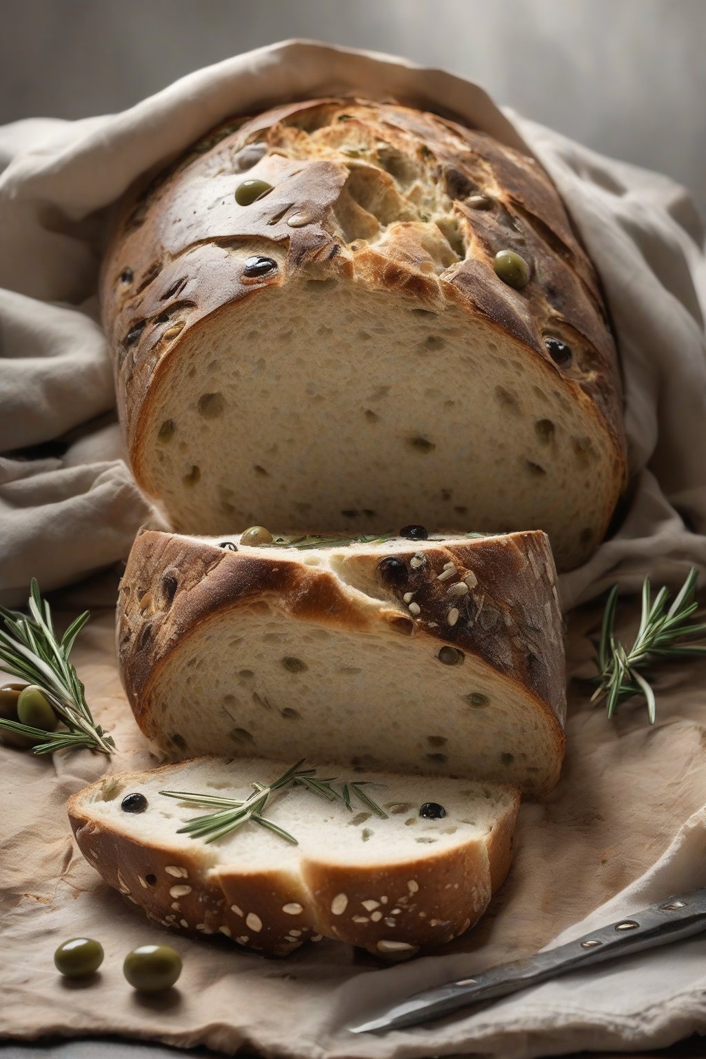 A high-resolution photo of olive-studded sourdough loaf with rosemary sprigs, cracked open to show juicy olives, under soft lighting.