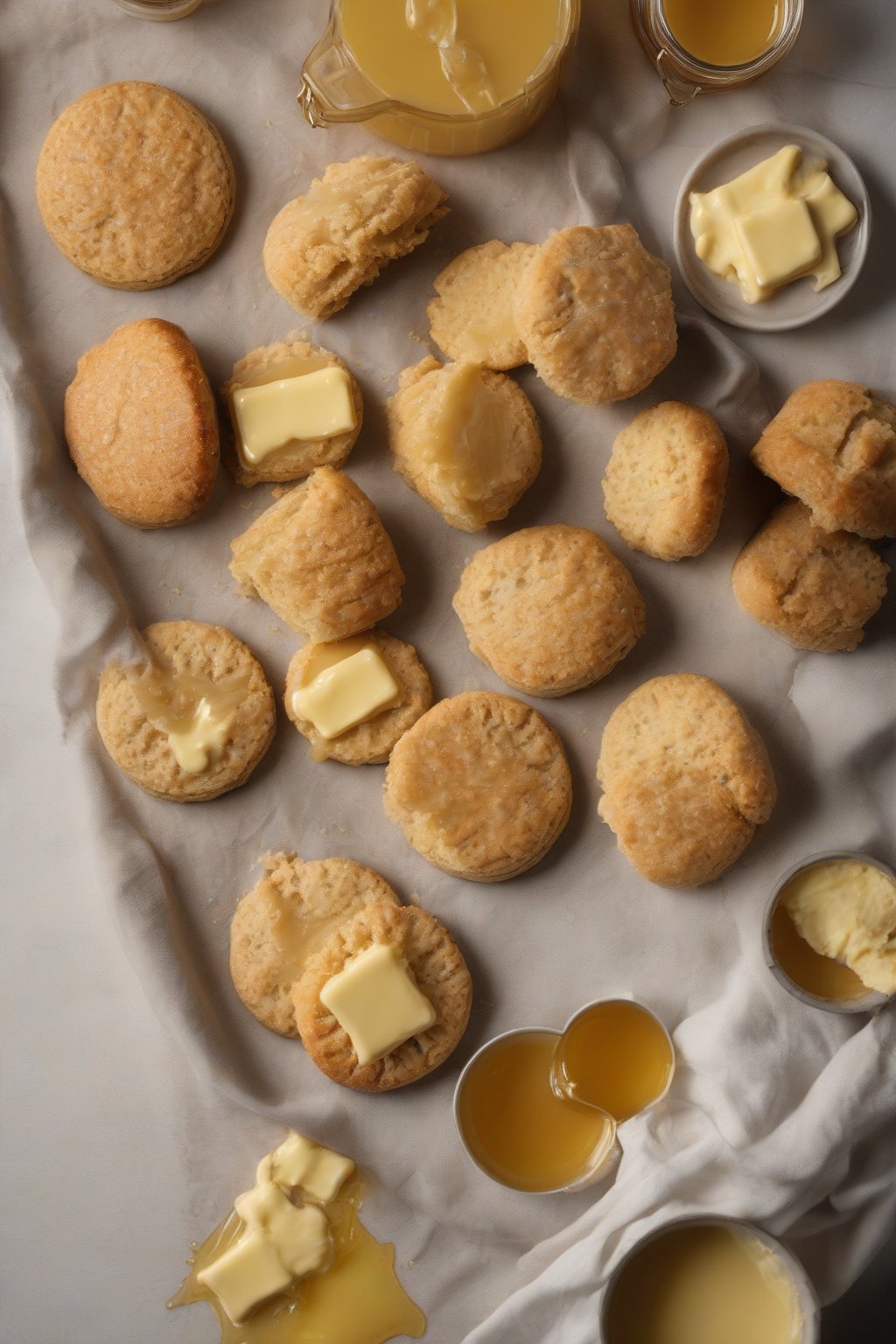 A high-resolution photo of whole wheat honey butter biscuits split open with melting honey butter, under soft lighting.