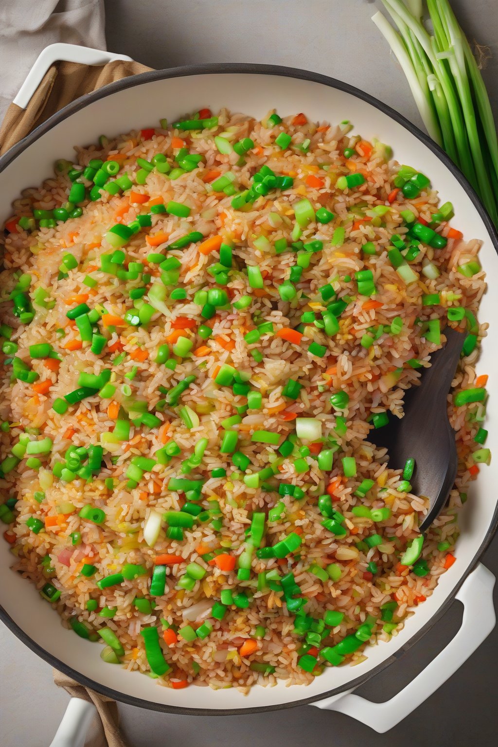 A high-resolution photo of colorful vegetable fried rice steaming in a wok, garnished with green onions under soft lighting.