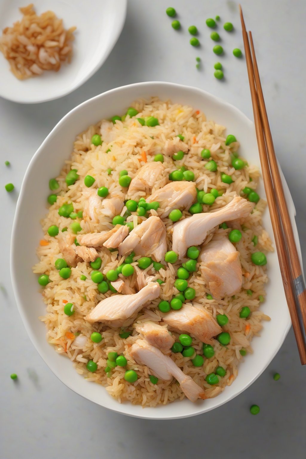 A high-resolution photo of golden chicken fried rice with tender chunks of chicken and peas, served in a white bowl under soft lighting.